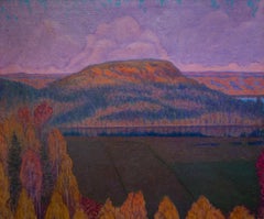 Two Paintings in One, Art Nouveau Landscape And Winter Landscape. Oak Frame