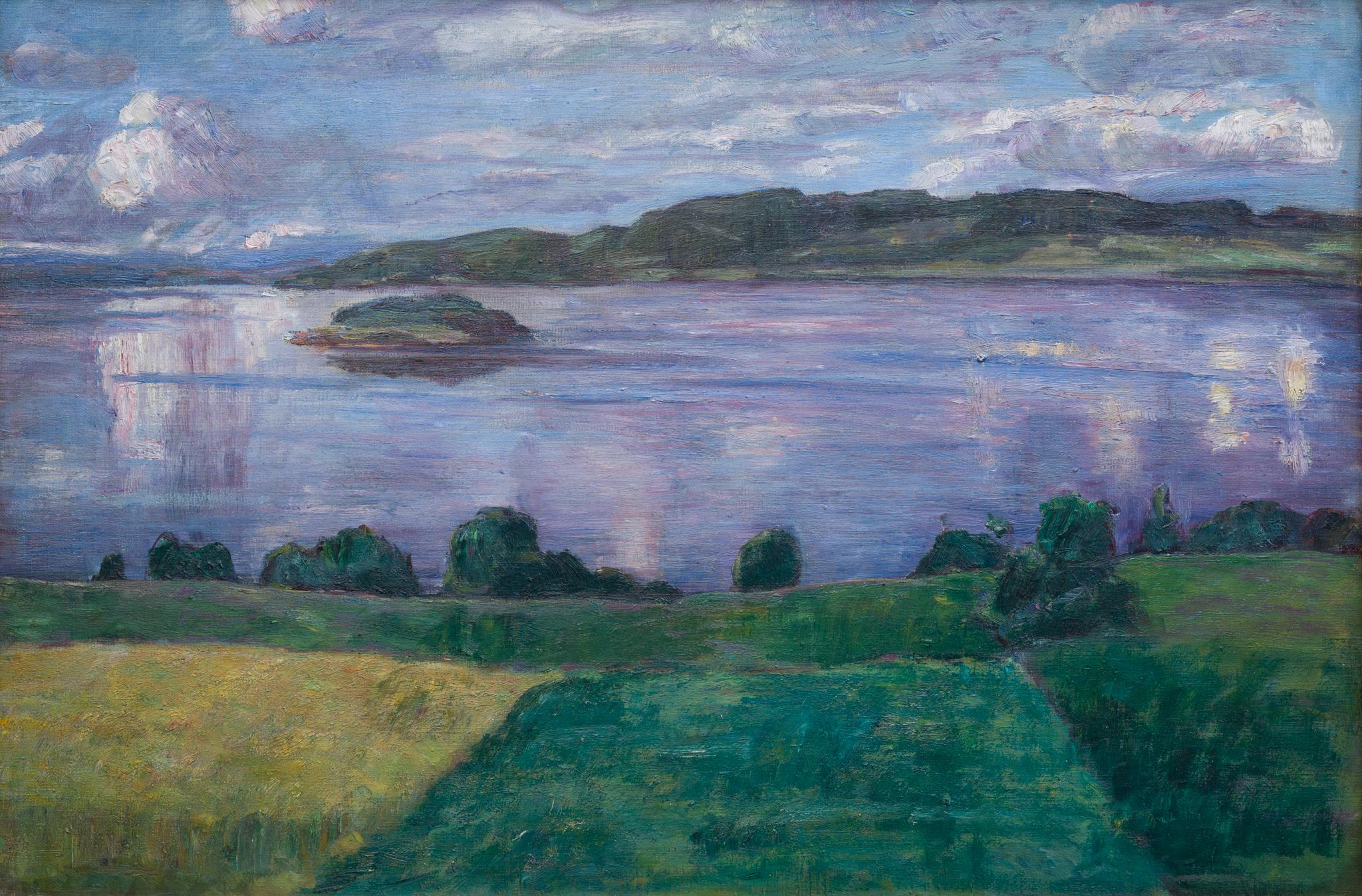 View Over Lake Mangen, vers 1925 (Racken Group) - Painting de Alfred Ekstam