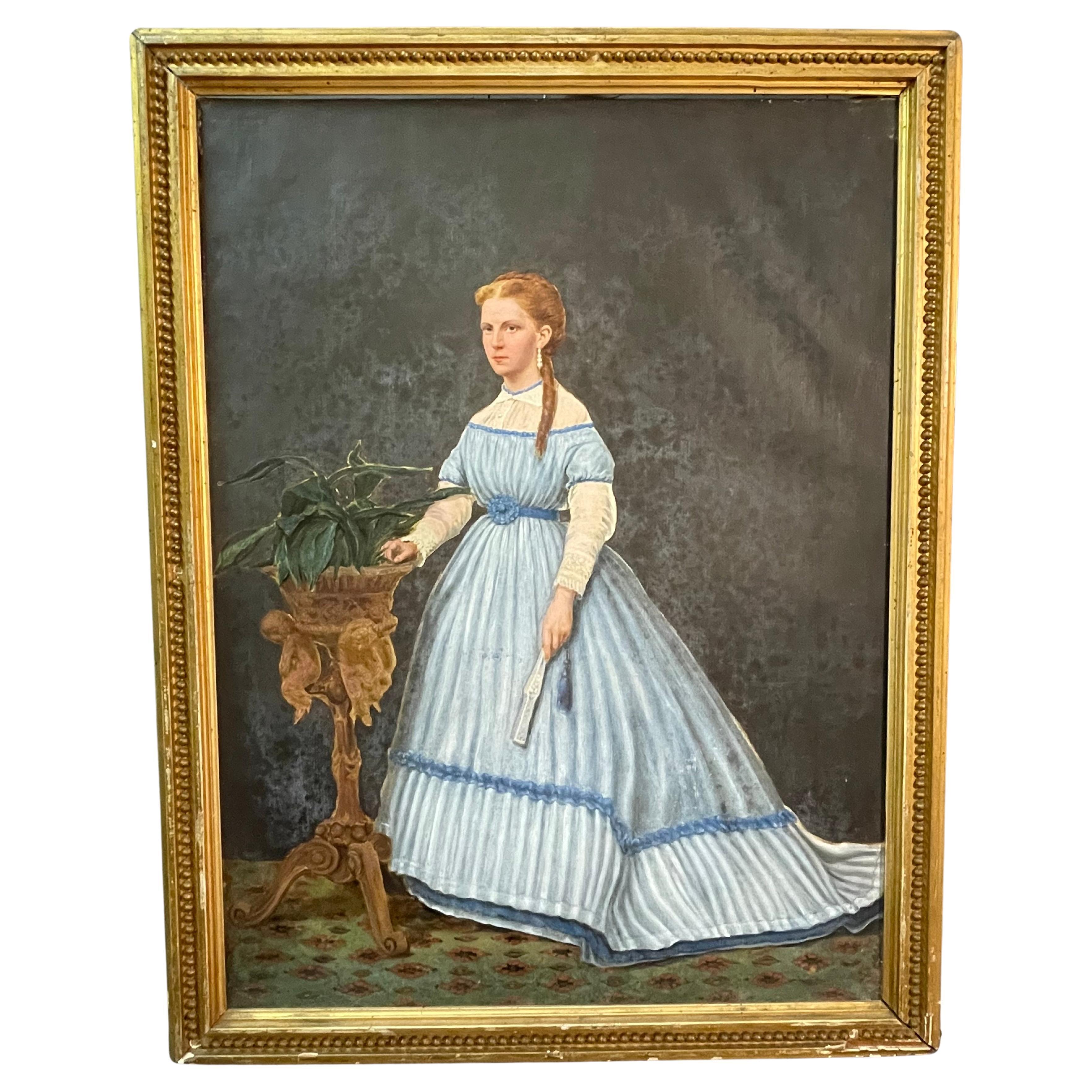 Beautiful painting in gouache technique depicting a distinguished young lady.
The noblewoman presents a pose of rare elegance, with one hand resting on a planter and the other holding a closed fan.
The grace, period, style and quality all point to