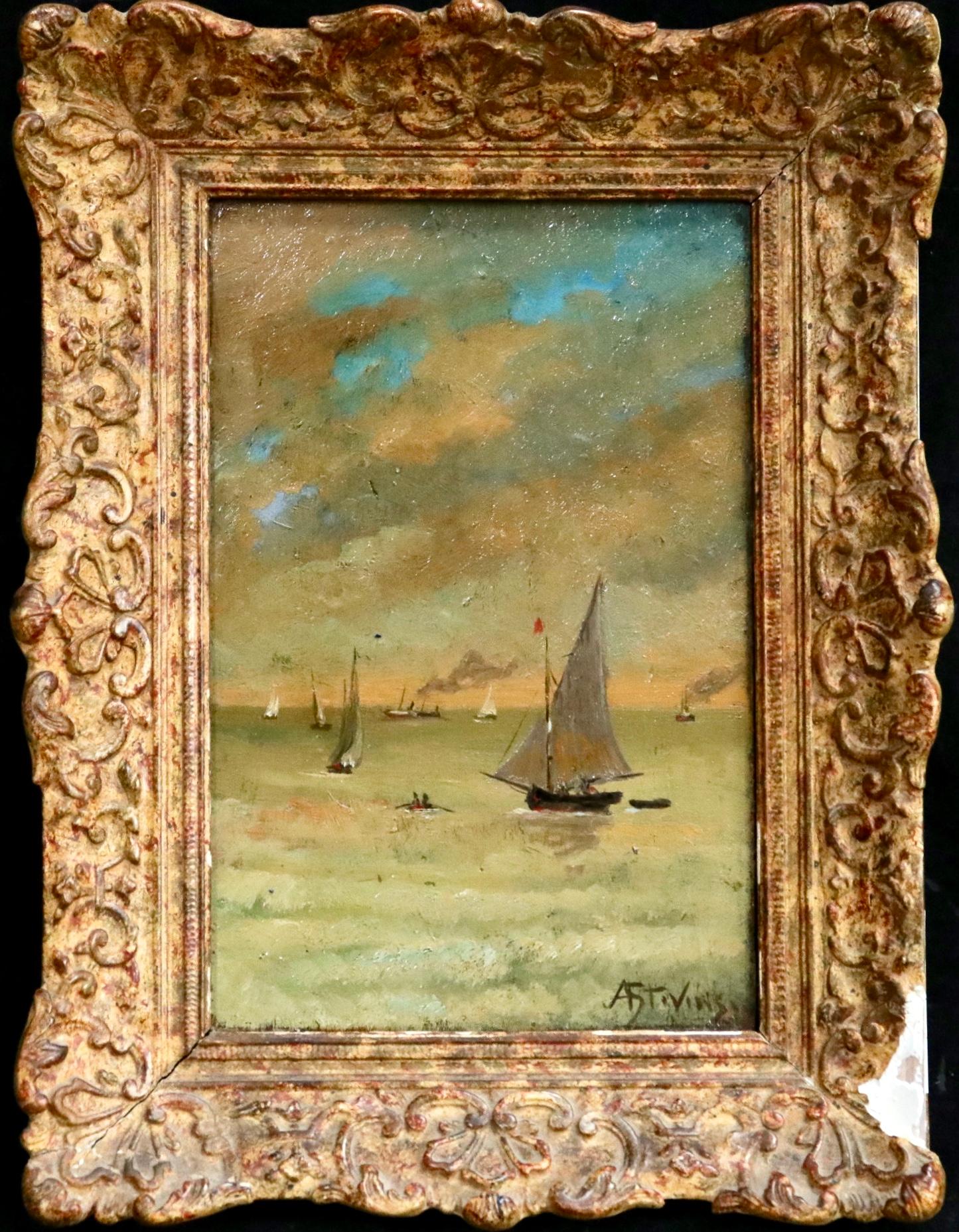 Bateaux sur la cte - Huile du XIXe siècle:: Bateaux dans un paysage marin par Alfred Stevens - Painting de Alfred Émile Léopold Stevens