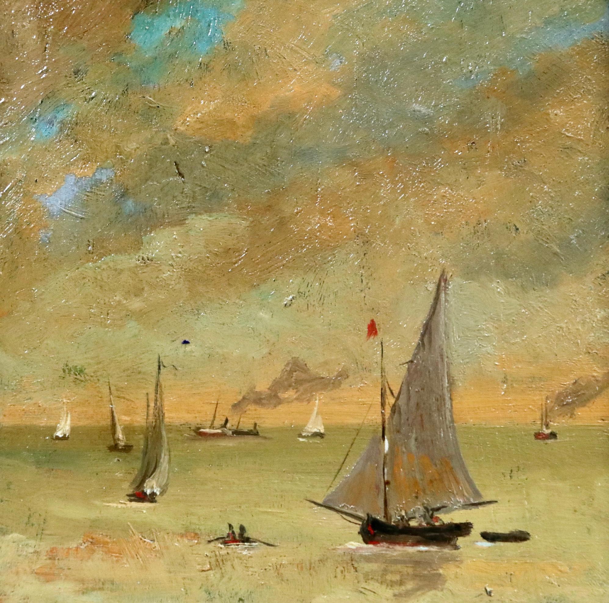 Bateaux sur la cte - Huile du XIXe siècle:: Bateaux dans un paysage marin par Alfred Stevens - Impressionnisme Painting par Alfred Émile Léopold Stevens