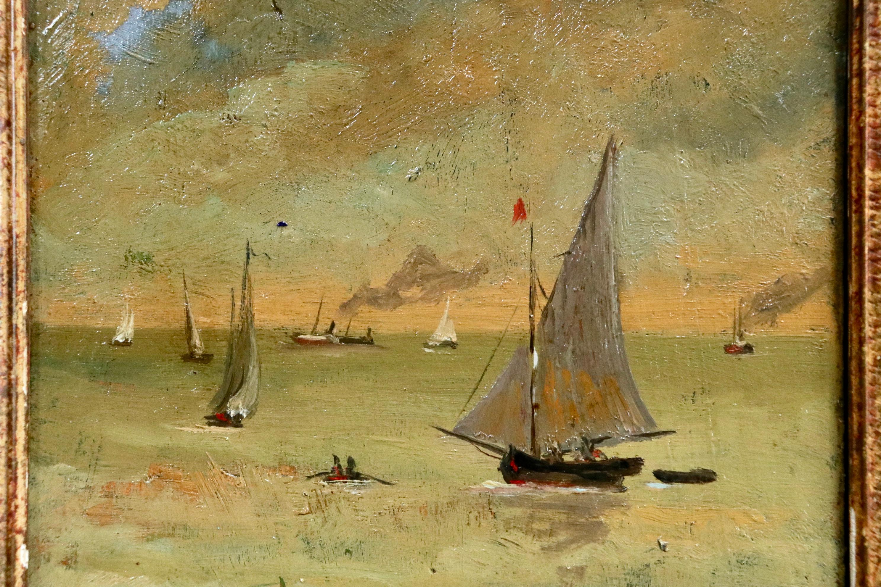 Bateaux sur la cte - Huile du XIXe siècle:: Bateaux dans un paysage marin par Alfred Stevens - Marron Figurative Painting par Alfred Émile Léopold Stevens