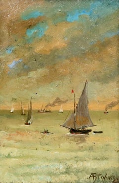 Bateaux sur la cte - Huile du XIXe siècle:: Bateaux dans un paysage marin par Alfred Stevens