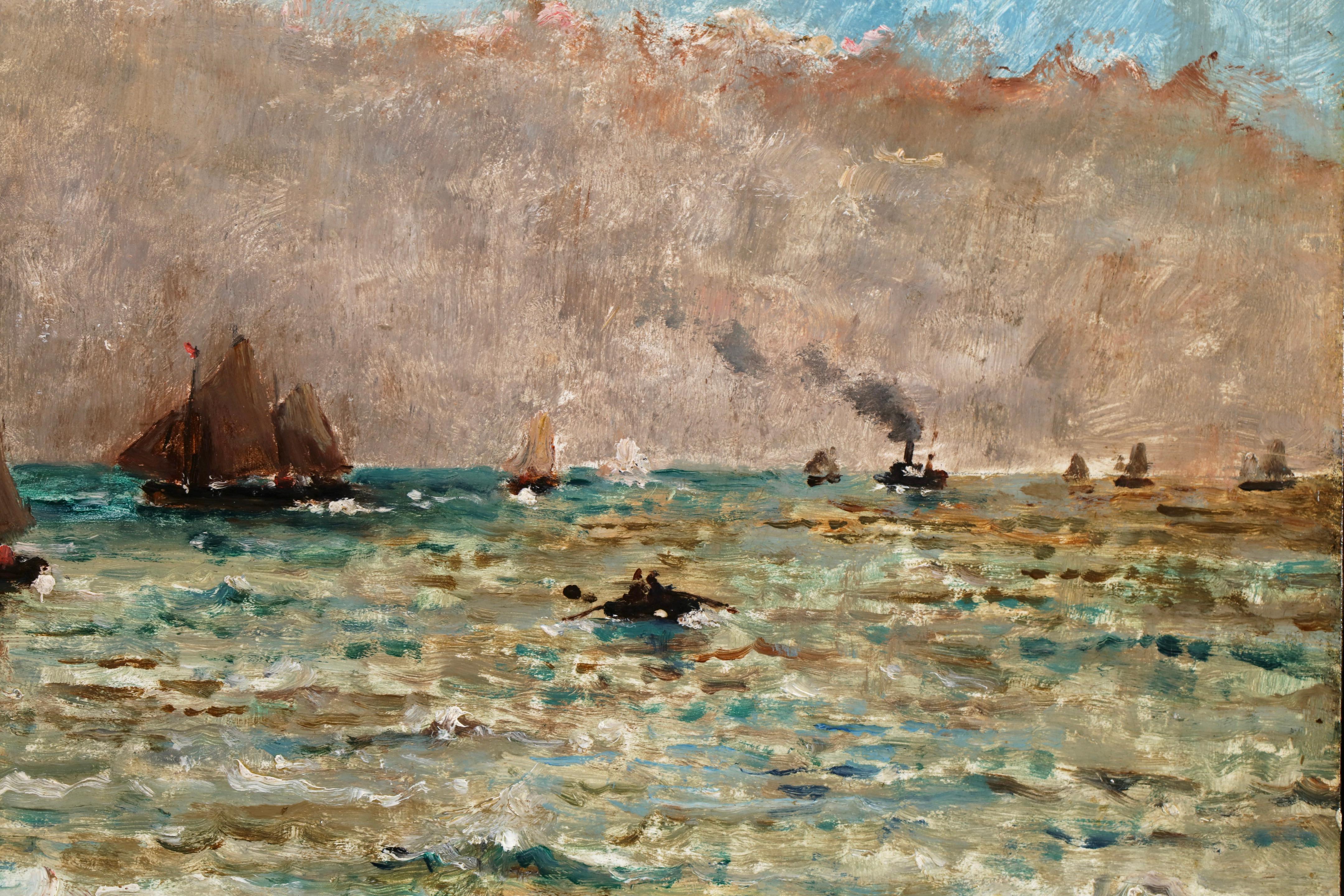 Bateaux sur la mer - Ciel nuageux -  Huile réaliste de paysage marin par Alfred Stevens en vente 5