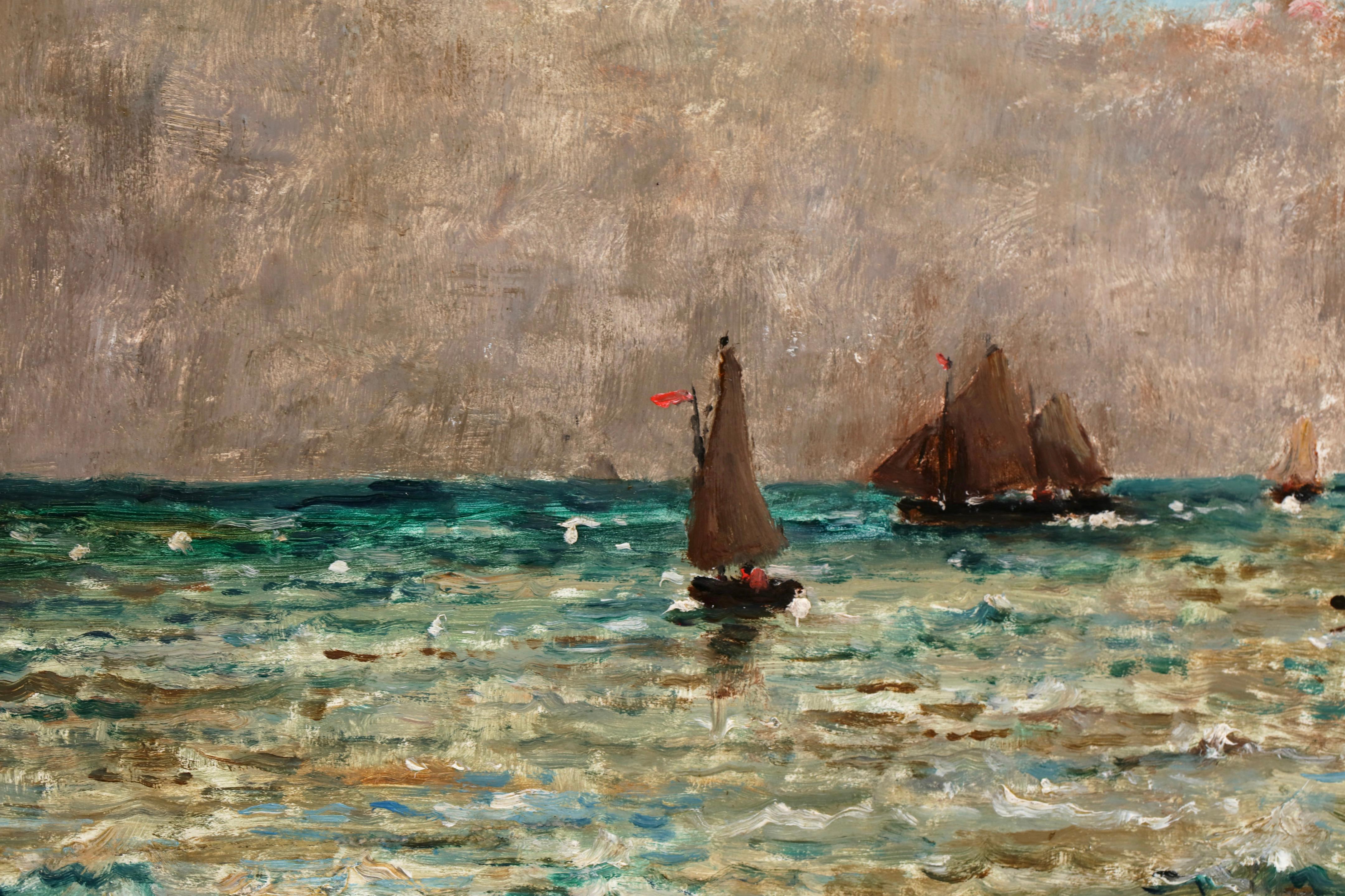 Bateaux sur la mer - Ciel nuageux -  Huile réaliste de paysage marin par Alfred Stevens en vente 6