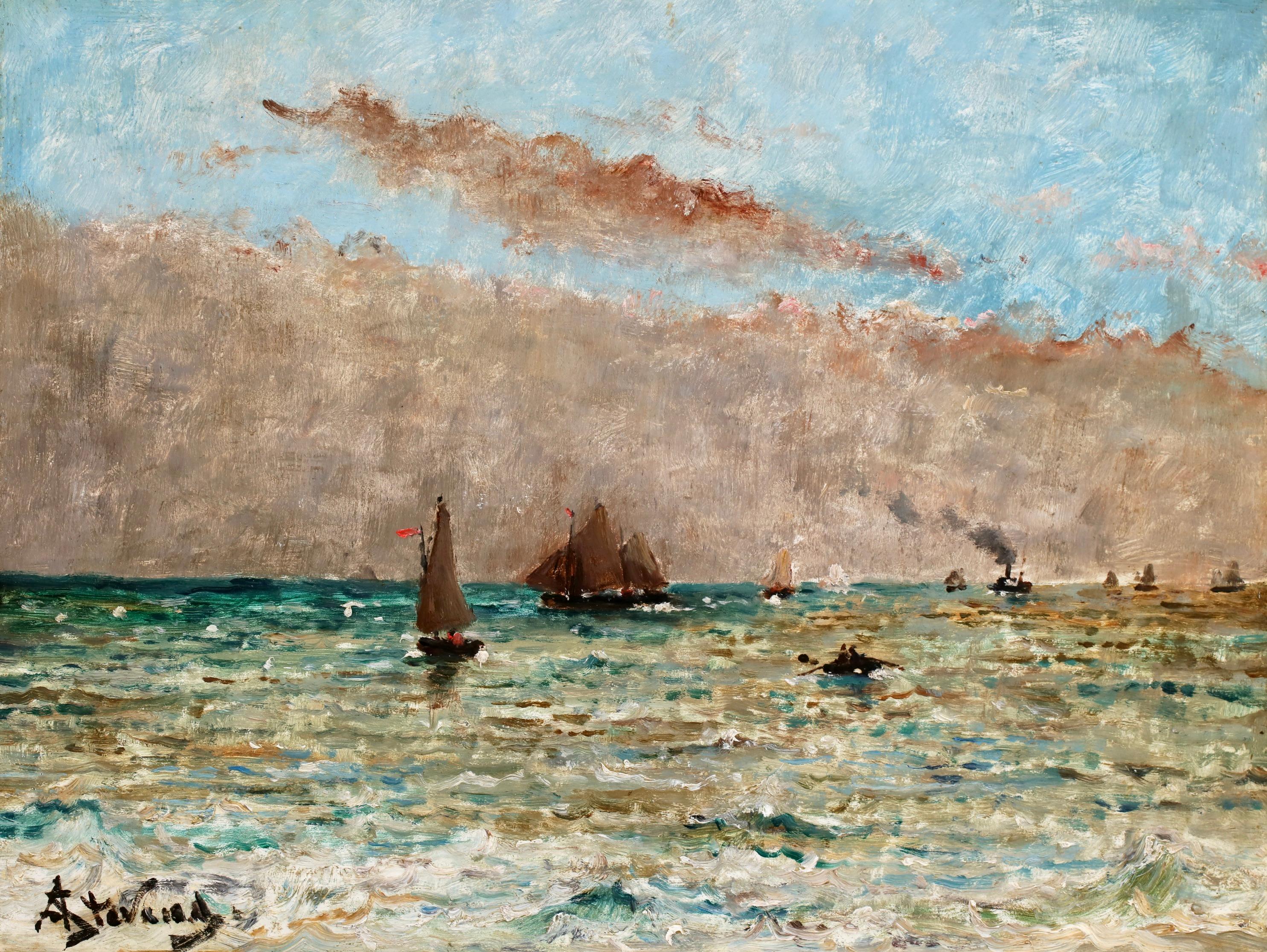 Bateaux sur la mer - Ciel nuageux -  Huile réaliste de paysage marin par Alfred Stevens - Painting de Alfred Émile Léopold Stevens
