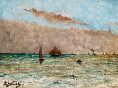 Bateaux sur la mer - Ciel nuageux -  Óleo de paisaje marino realista de Alfred Stevens