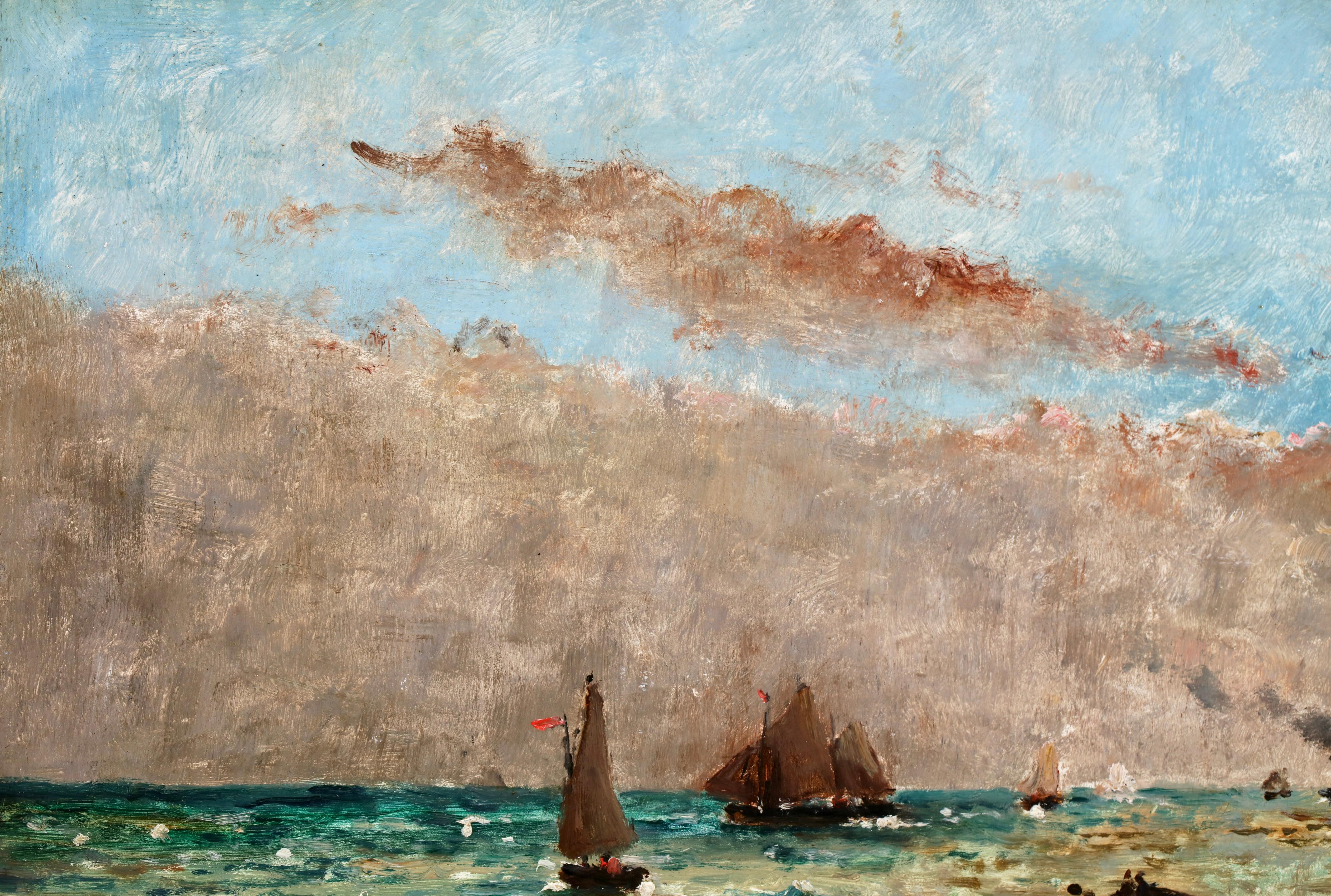 Bateaux sur la mer - Ciel nuageux -  Huile réaliste de paysage marin par Alfred Stevens - Réalisme Painting par Alfred Émile Léopold Stevens