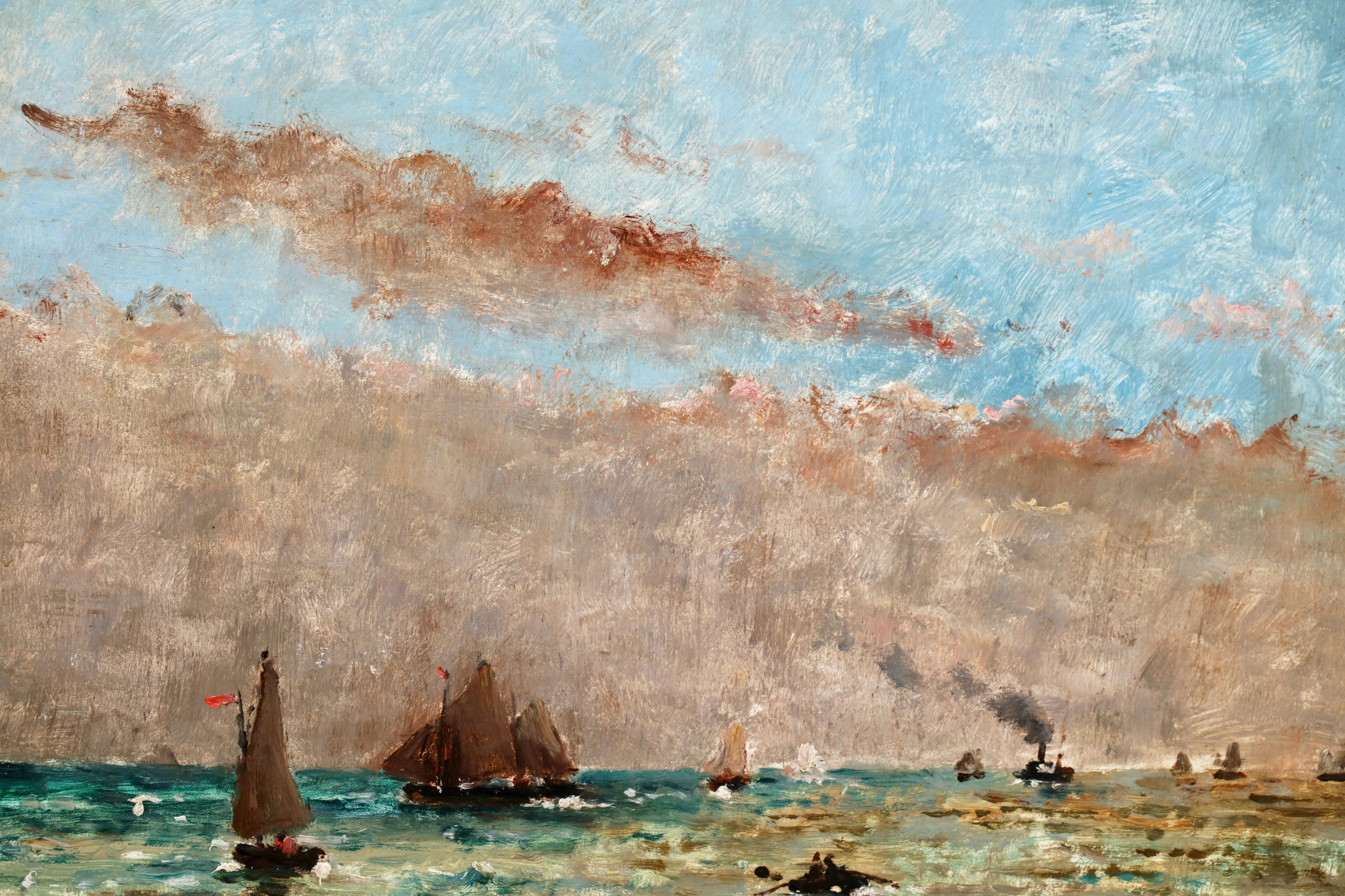 Bateaux sur la mer - Ciel nuageux -  Huile réaliste de paysage marin par Alfred Stevens - Beige Landscape Painting par Alfred Émile Léopold Stevens