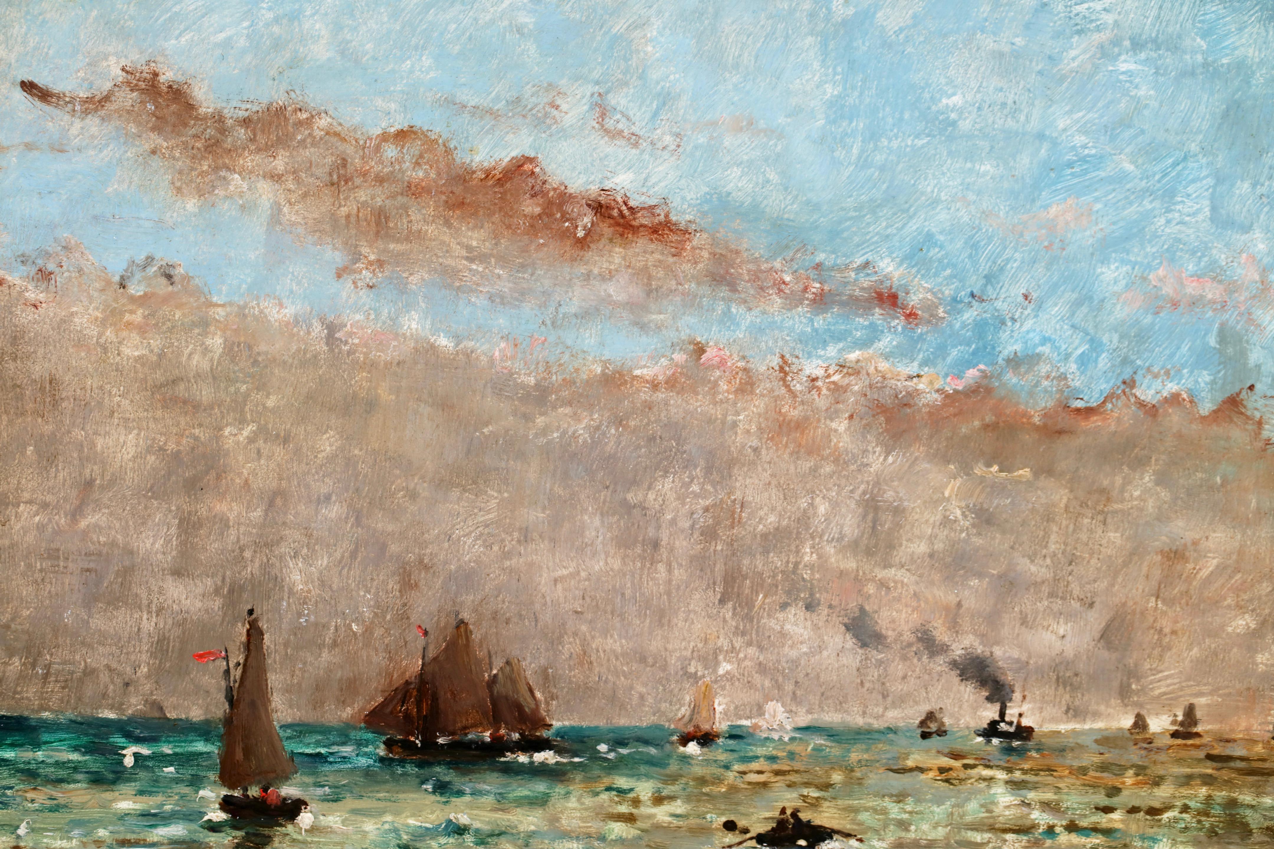 Huile sur panneau signée vers 1890 par le peintre réaliste belge Alfred Emile Leopold Stevens. L'œuvre représente des voiliers en mer sous un ciel nuageux.

Signature :
Signé en bas à gauche

Dimensions :
Encadré : 16.5 