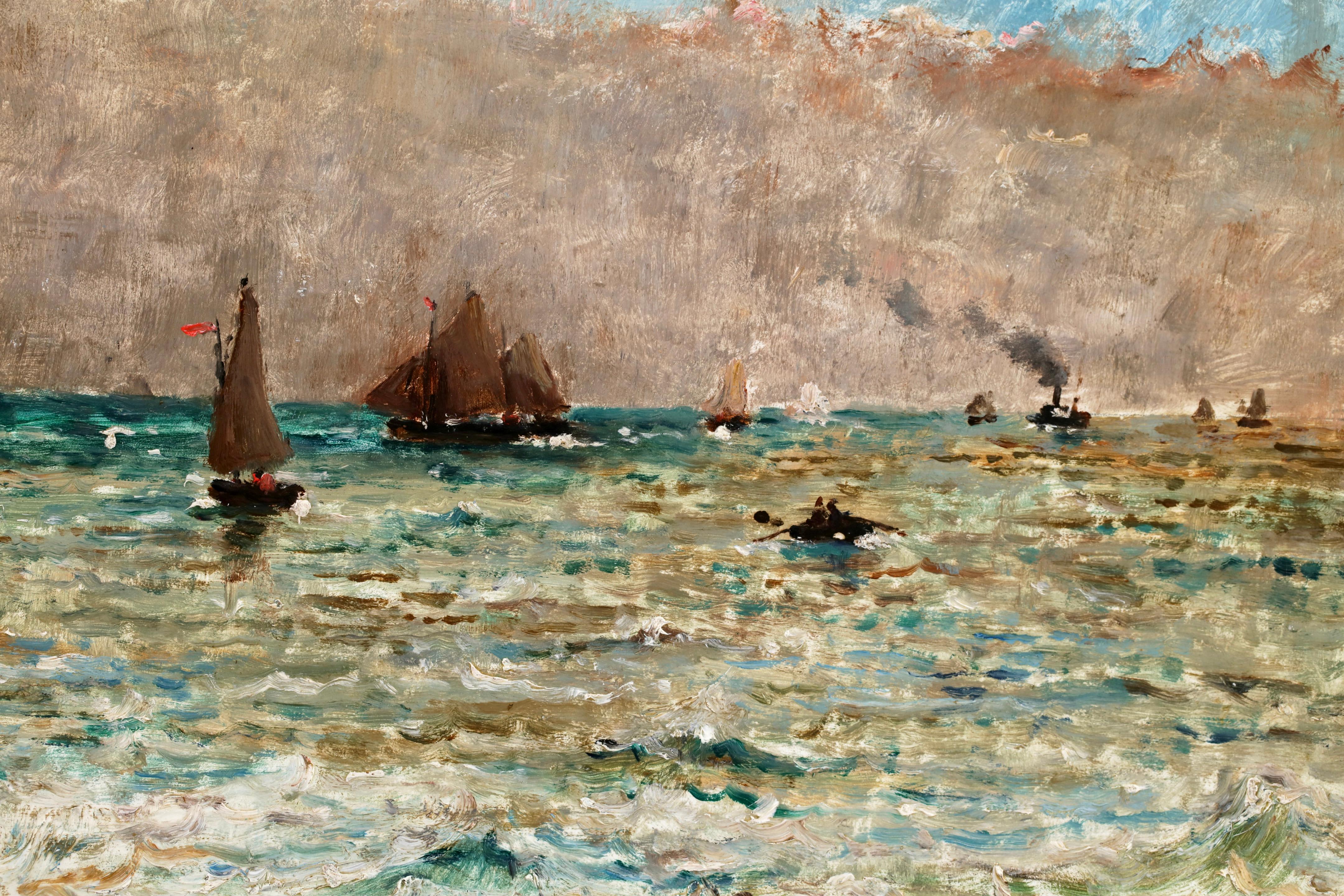 Bateaux sur la mer - Ciel nuageux -  Huile réaliste de paysage marin par Alfred Stevens en vente 1