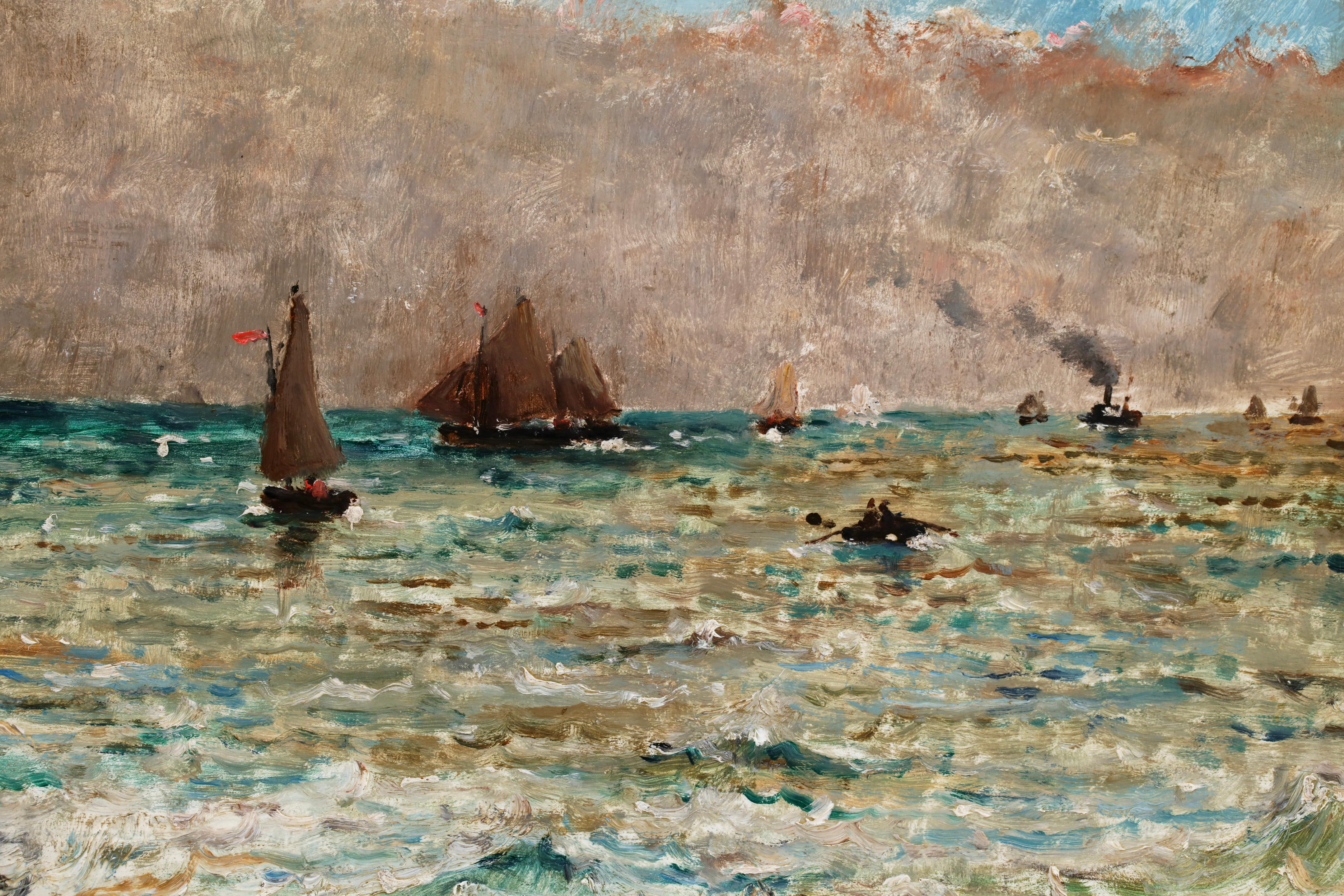 Bateaux sur la mer - Ciel nuageux -  Huile réaliste de paysage marin par Alfred Stevens en vente 2