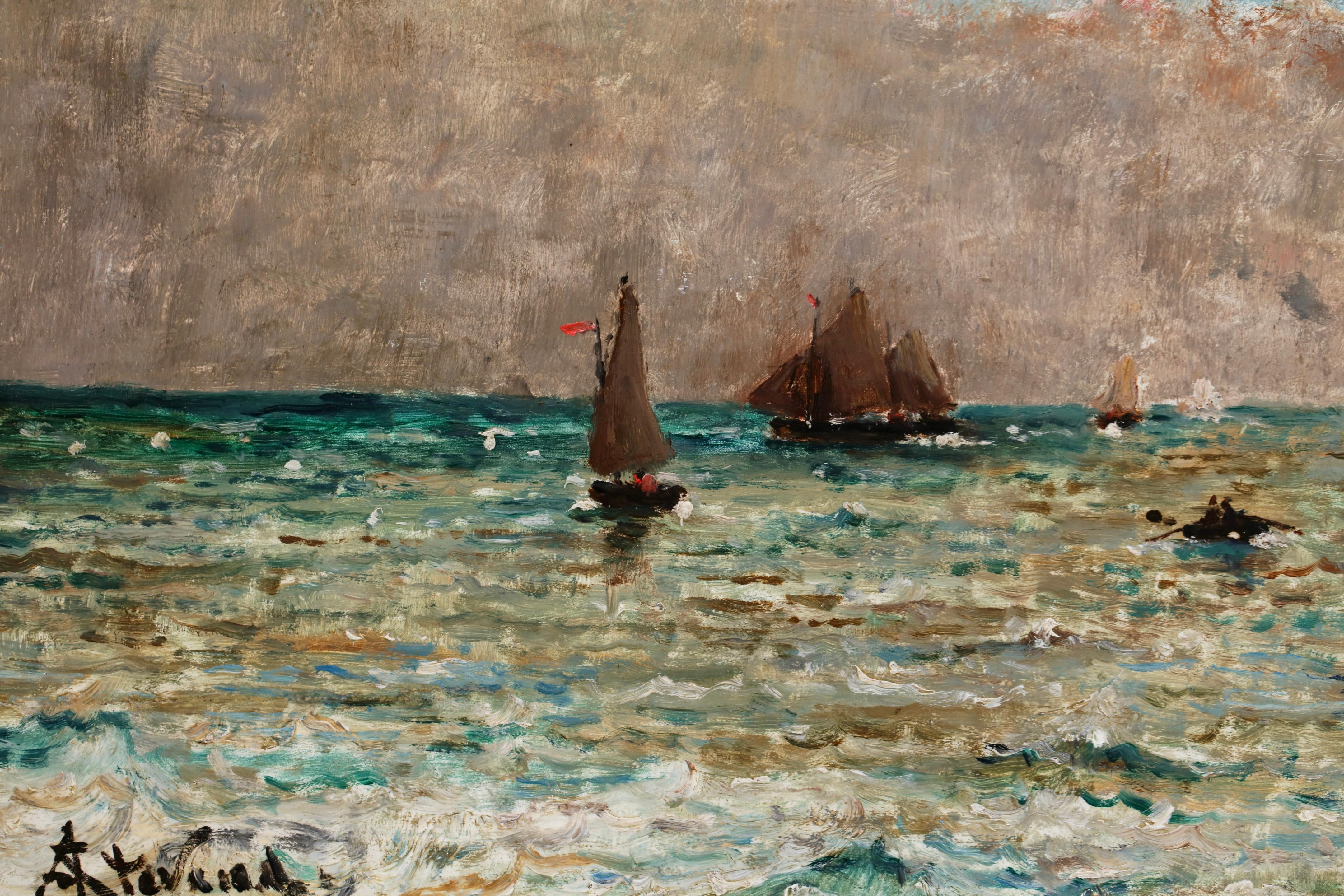 Bateaux sur la mer - Ciel nuageux -  Huile réaliste de paysage marin par Alfred Stevens en vente 3