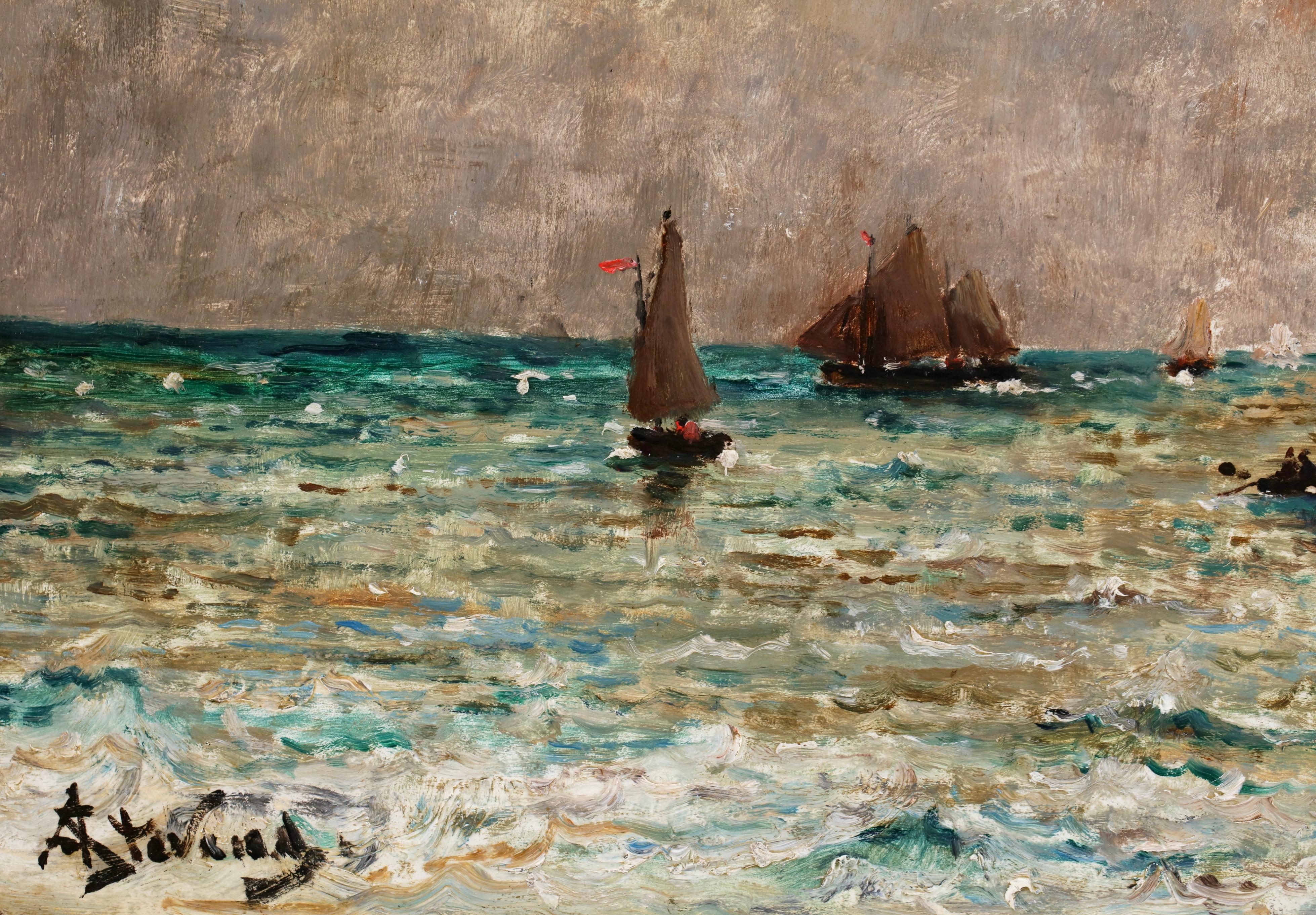 Bateaux sur la mer - Ciel nuageux -  Huile réaliste de paysage marin par Alfred Stevens en vente 4