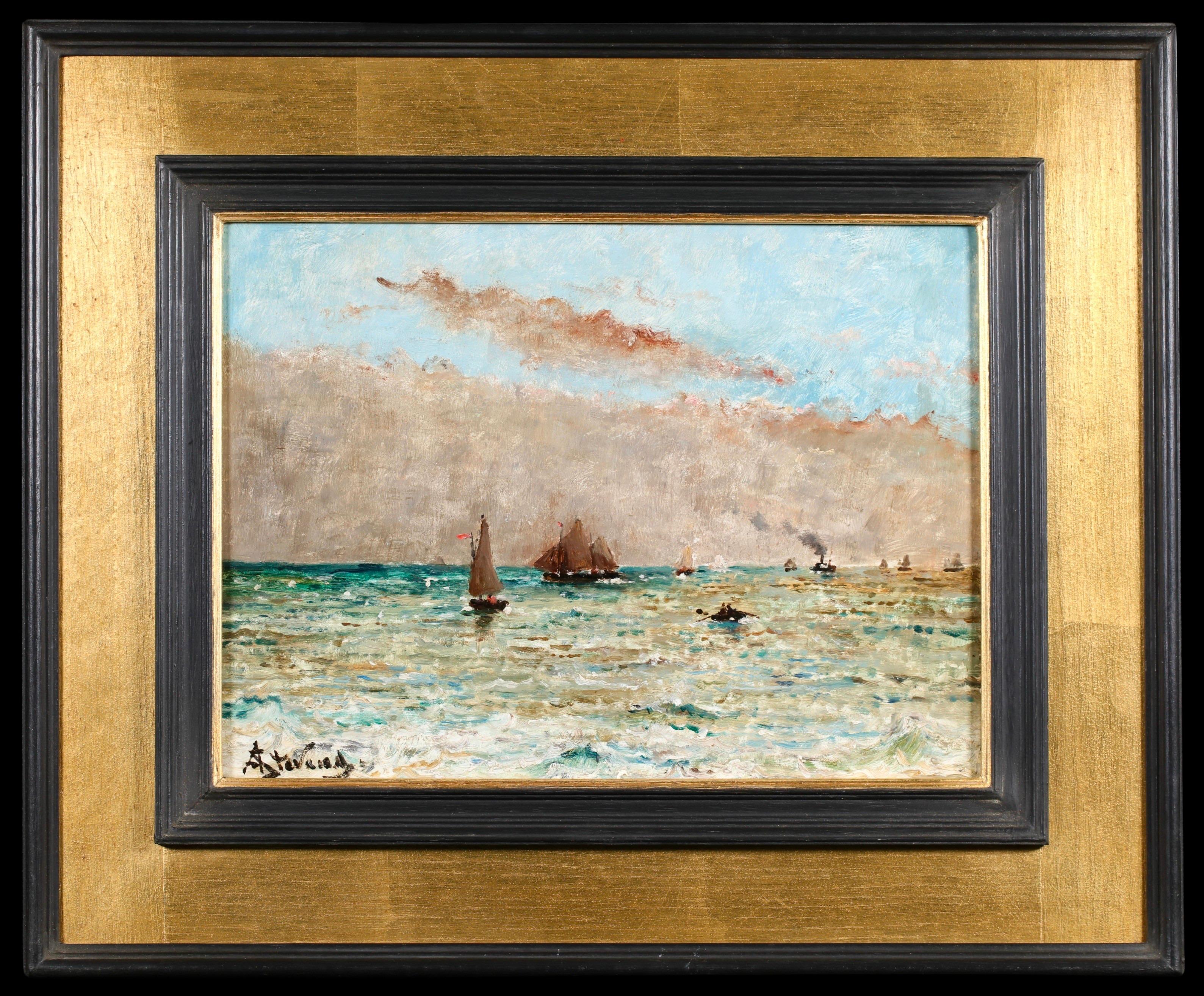 Landscape Painting Alfred Émile Léopold Stevens - Bateaux sur la mer - Ciel nuageux -  Huile réaliste de paysage marin par Alfred Stevens