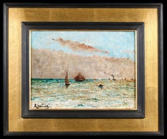 Bateaux sur la mer - Ciel nuageux -  Óleo de paisaje marino realista de Alfred Stevens