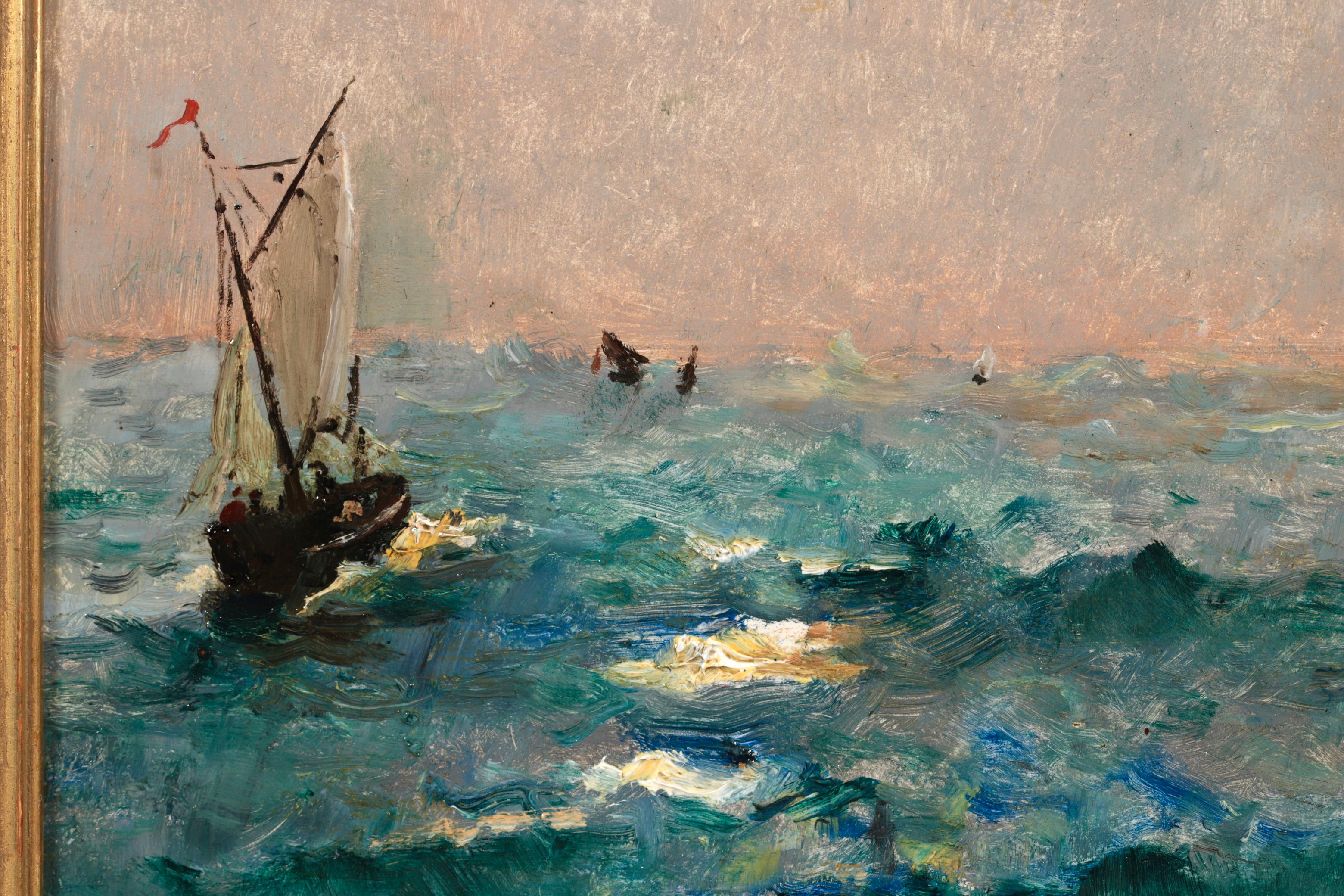 Boats by Moonlight - Peinture à l'huile réaliste d'un paysage marin nocturne par Alfred Stevens en vente 5