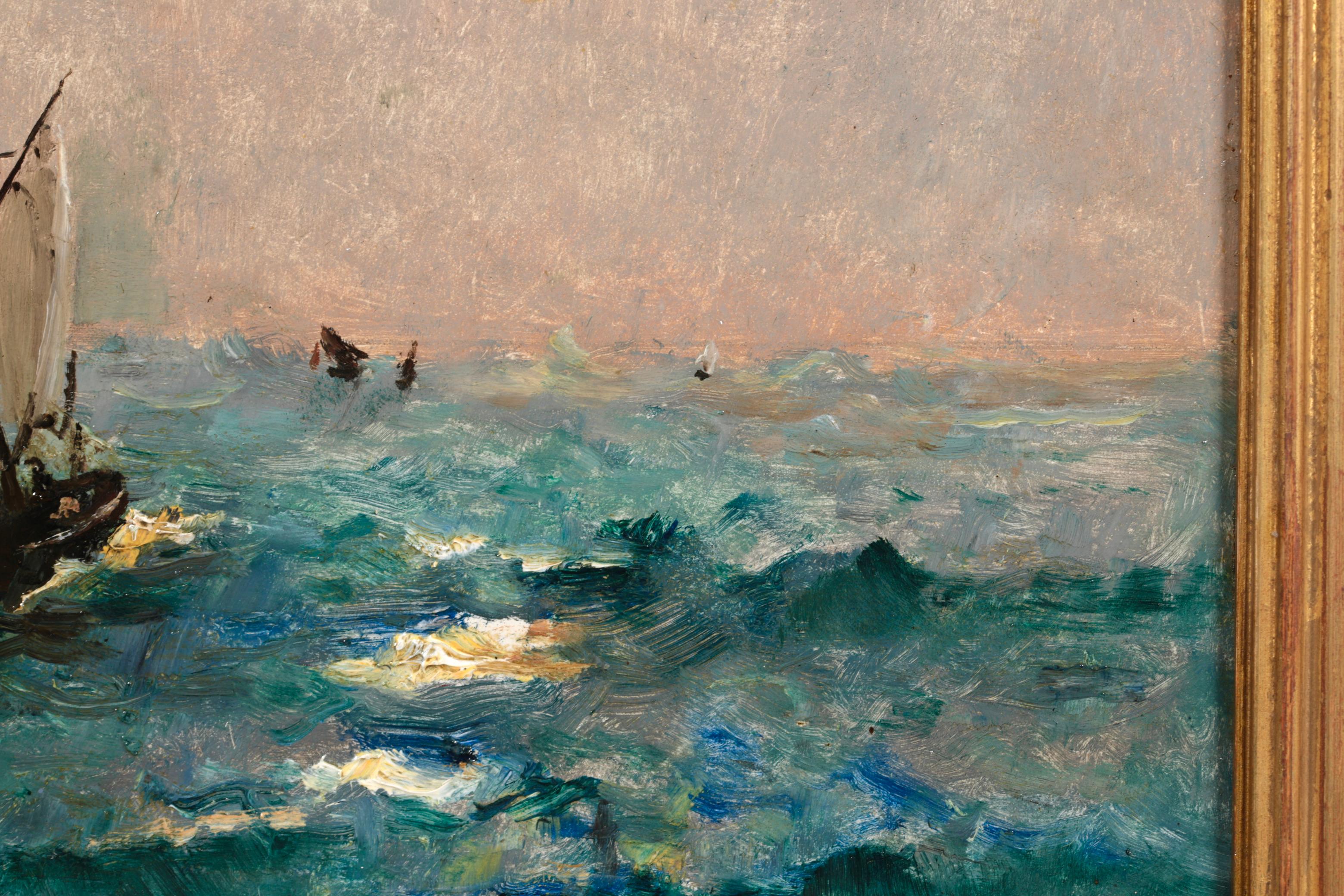 Boats by Moonlight - Peinture à l'huile réaliste d'un paysage marin nocturne par Alfred Stevens en vente 6