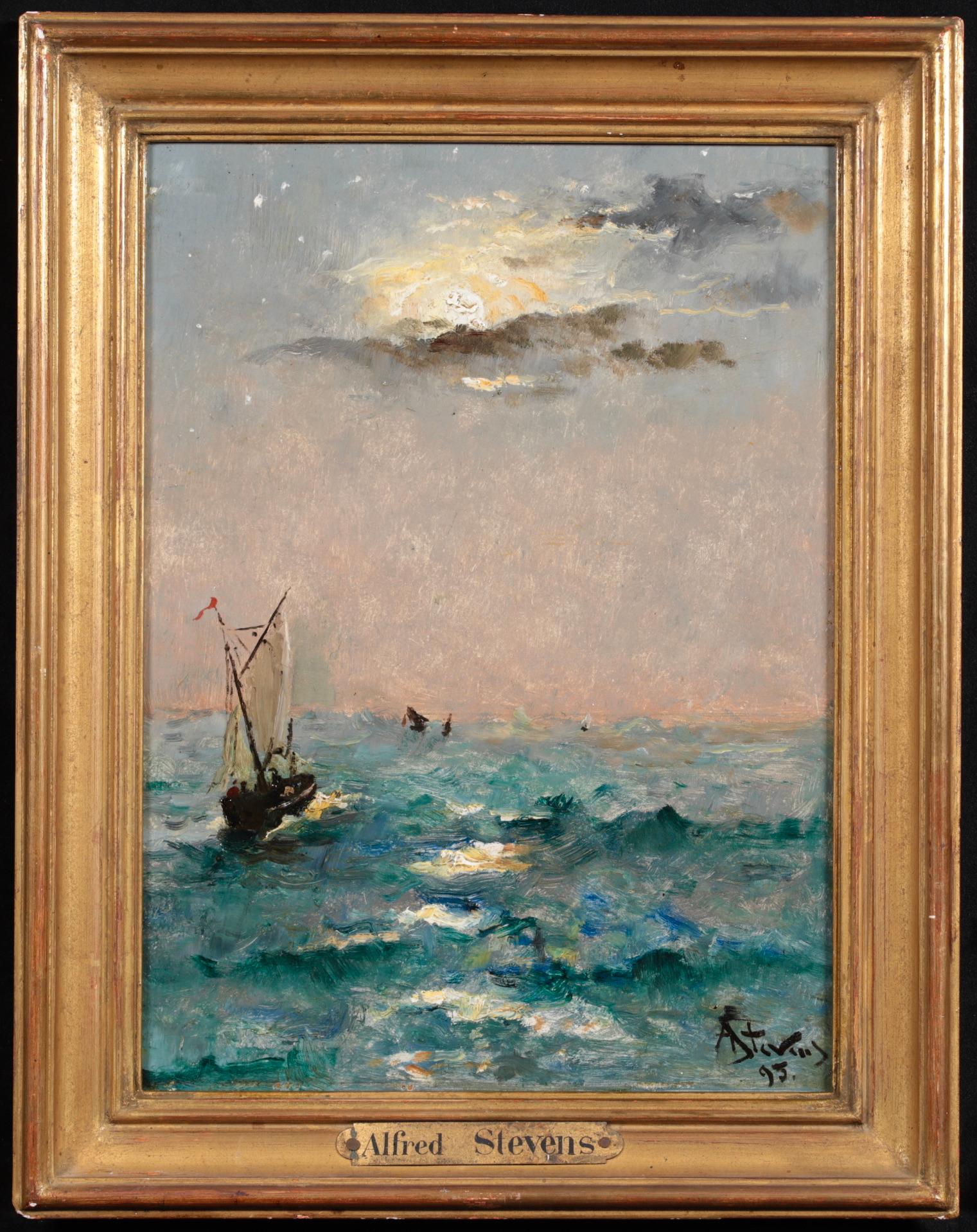 Boats by Moonlight - Peinture à l'huile réaliste d'un paysage marin nocturne par Alfred Stevens - Painting de Alfred Émile Léopold Stevens