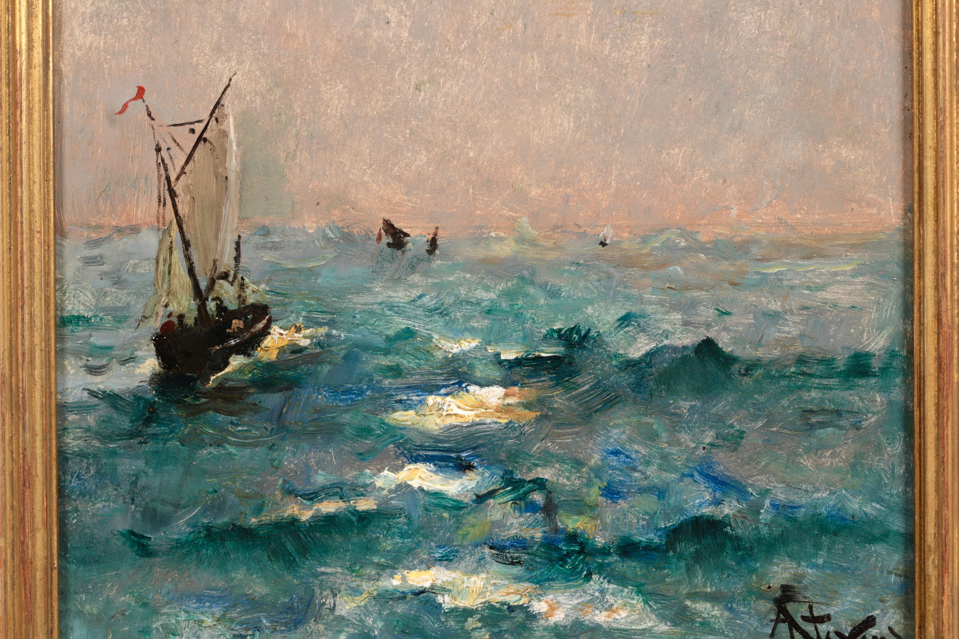 Huile sur panneau signée du peintre réaliste belge Alfred Emile Leopold Stevens. L'œuvre représente un voilier dans des eaux agitées à la nuit tombée. La lune brille derrière un nuage sombre, les vagues s'écrasent dans les eaux vertes et bleues et