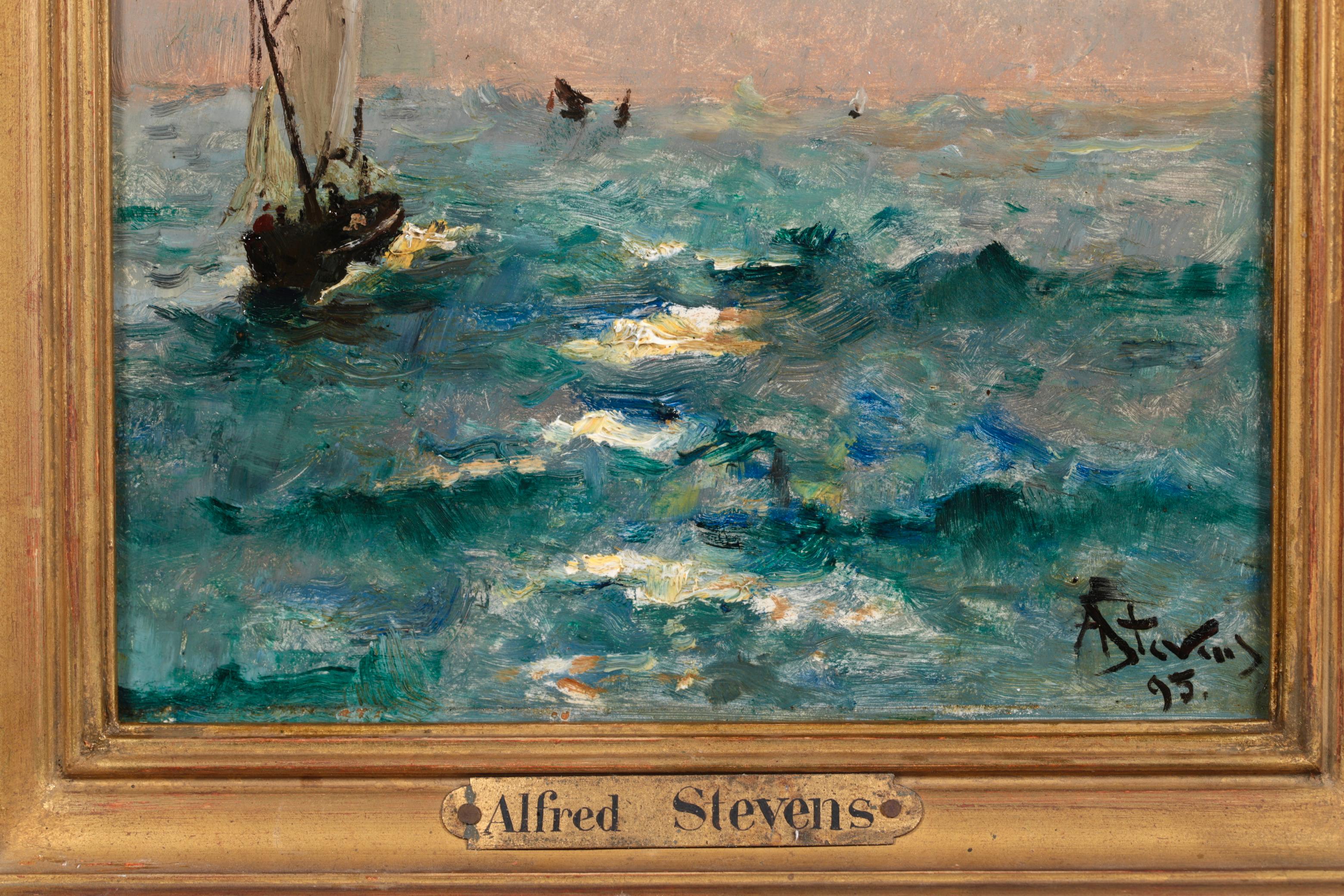 Boats by Moonlight - Peinture à l'huile réaliste d'un paysage marin nocturne par Alfred Stevens en vente 2