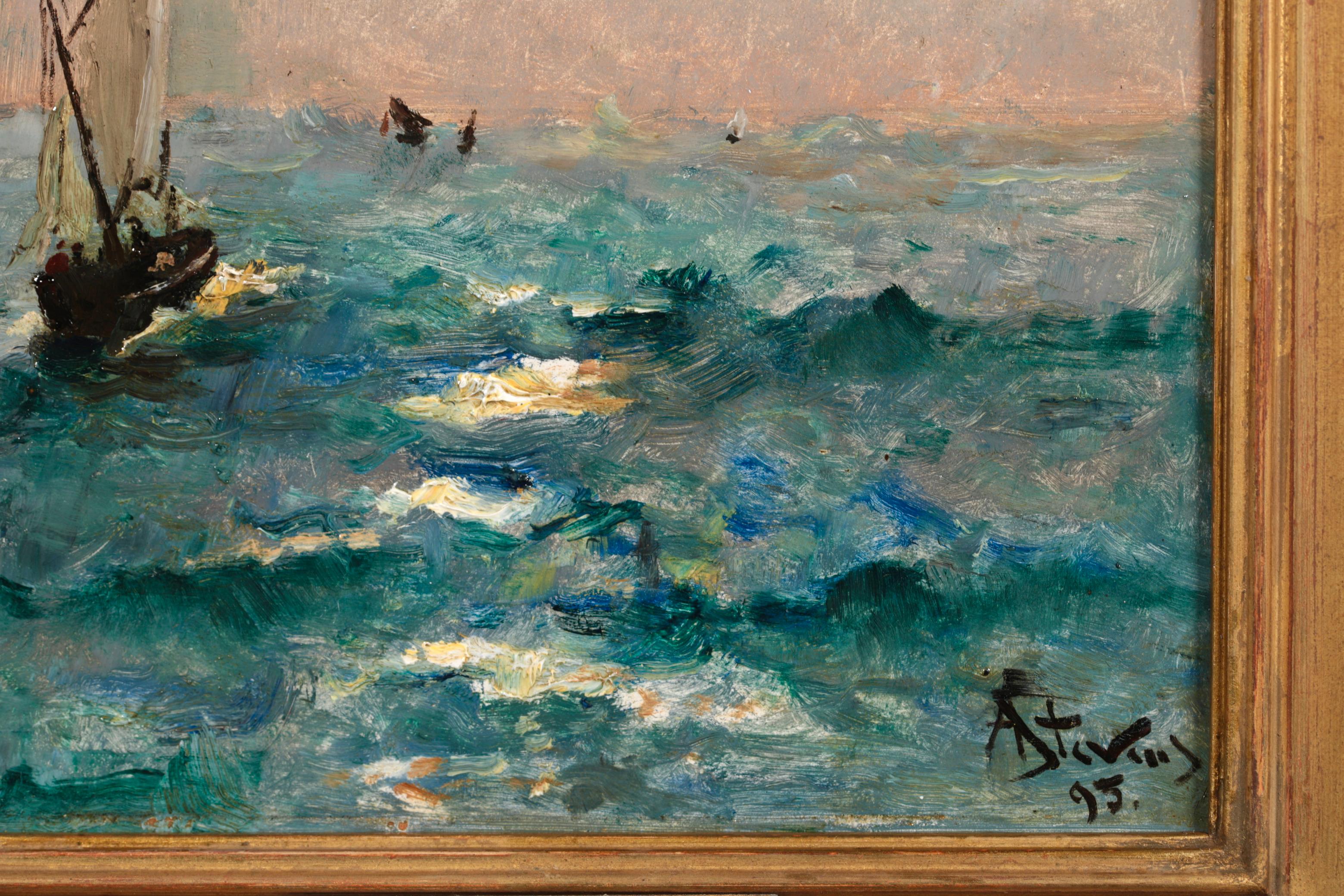 Boats by Moonlight - Peinture à l'huile réaliste d'un paysage marin nocturne par Alfred Stevens en vente 3