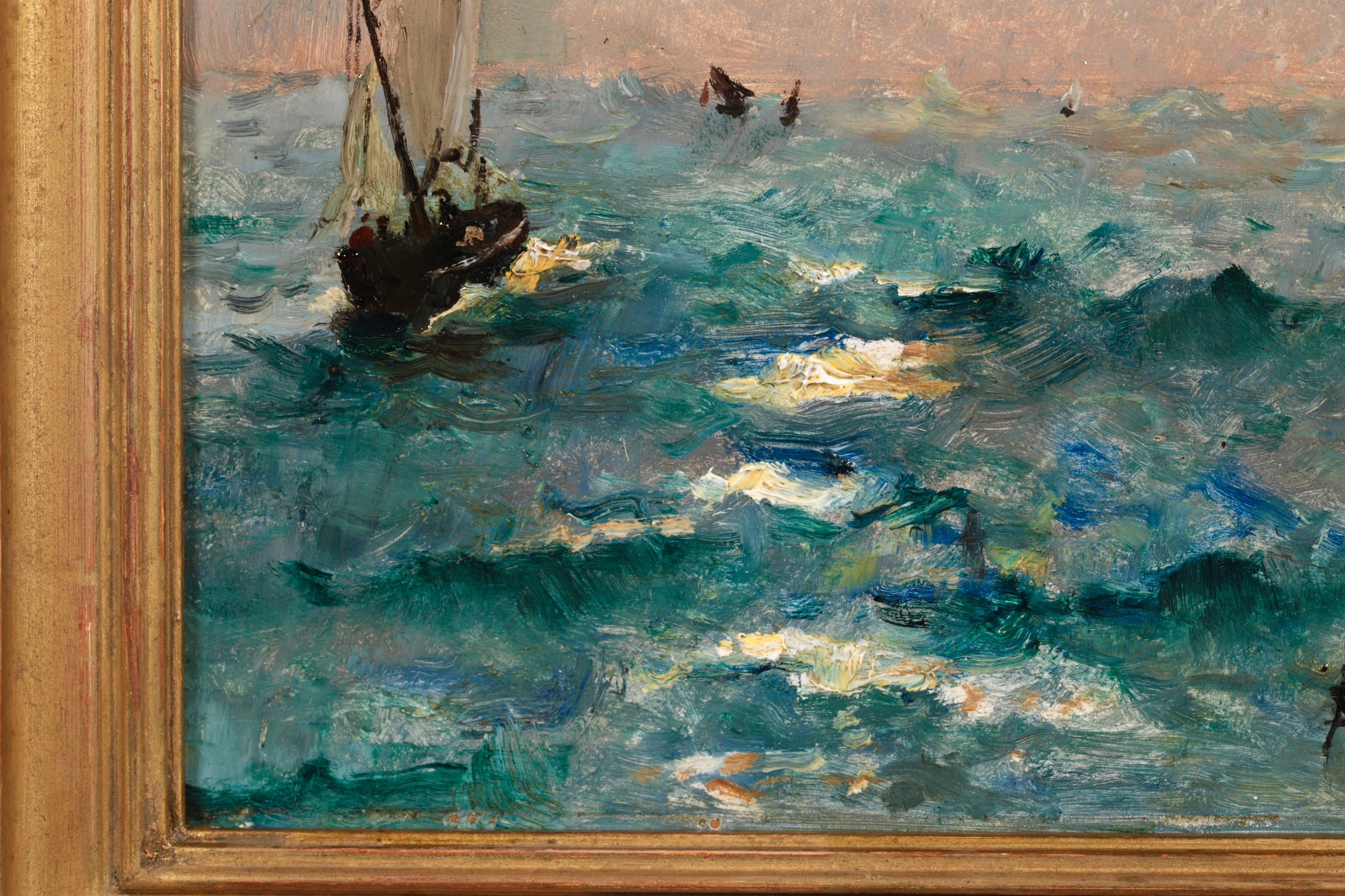 Boats by Moonlight - Peinture à l'huile réaliste d'un paysage marin nocturne par Alfred Stevens en vente 4