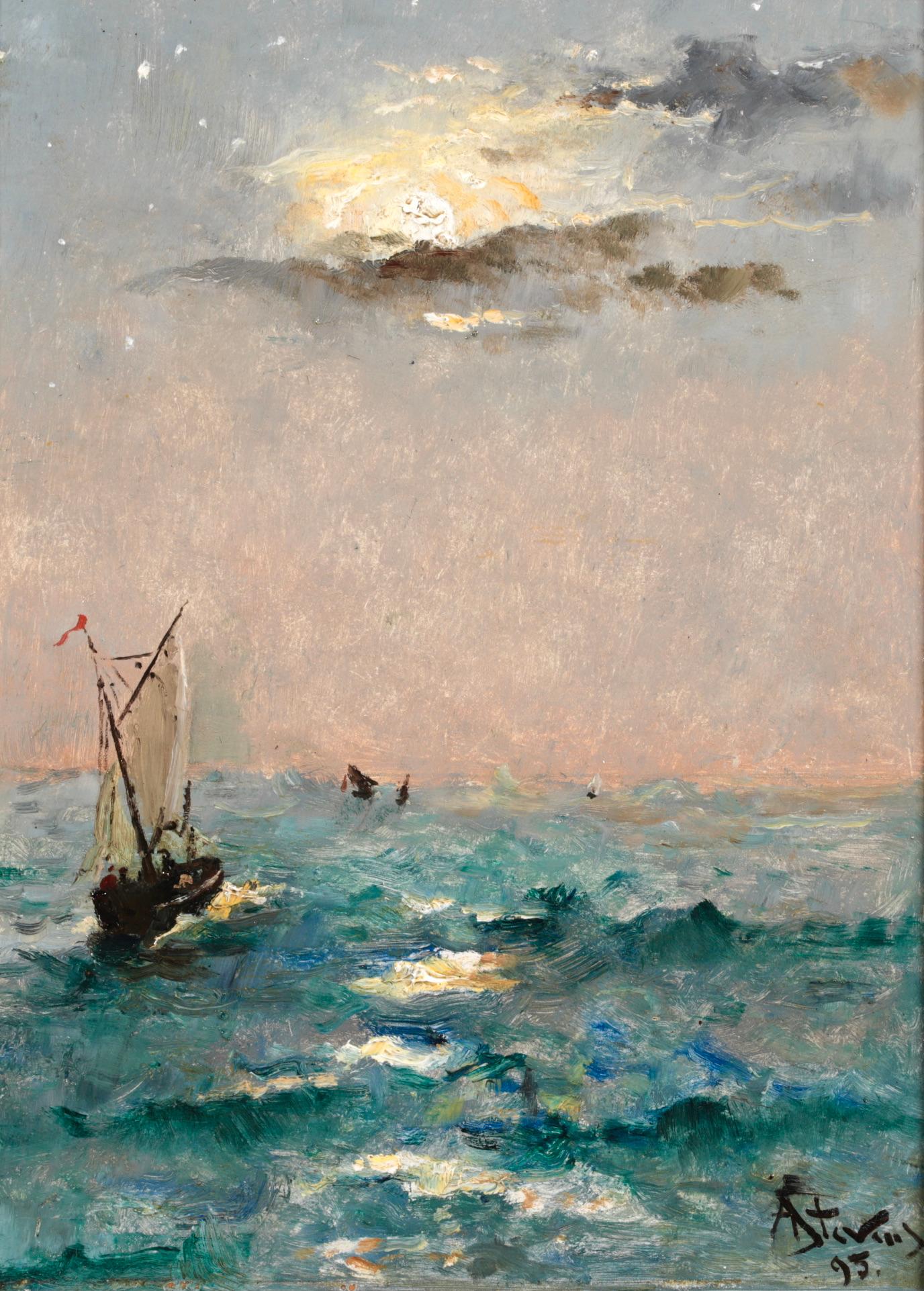 Alfred Émile Léopold Stevens Figurative Painting – Boats by Moonlight – Realistische Nachtseelandschaft, Ölgemälde von Alfred Stevens