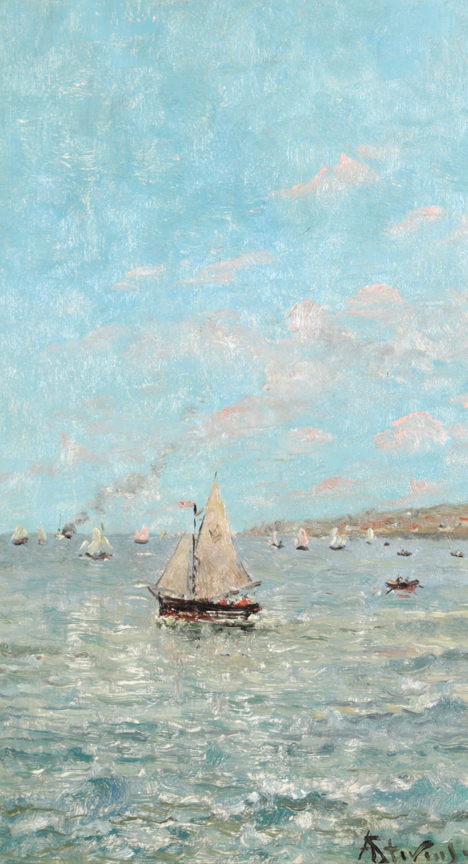 Signed seascape oil on panel by Belgian Realist painter Alfred Emile Leopold Stevens. The work depicts sail boats in the blue-green waters off the coast of Sainte-Adresse in Normandy, Northern France with bright blue skies