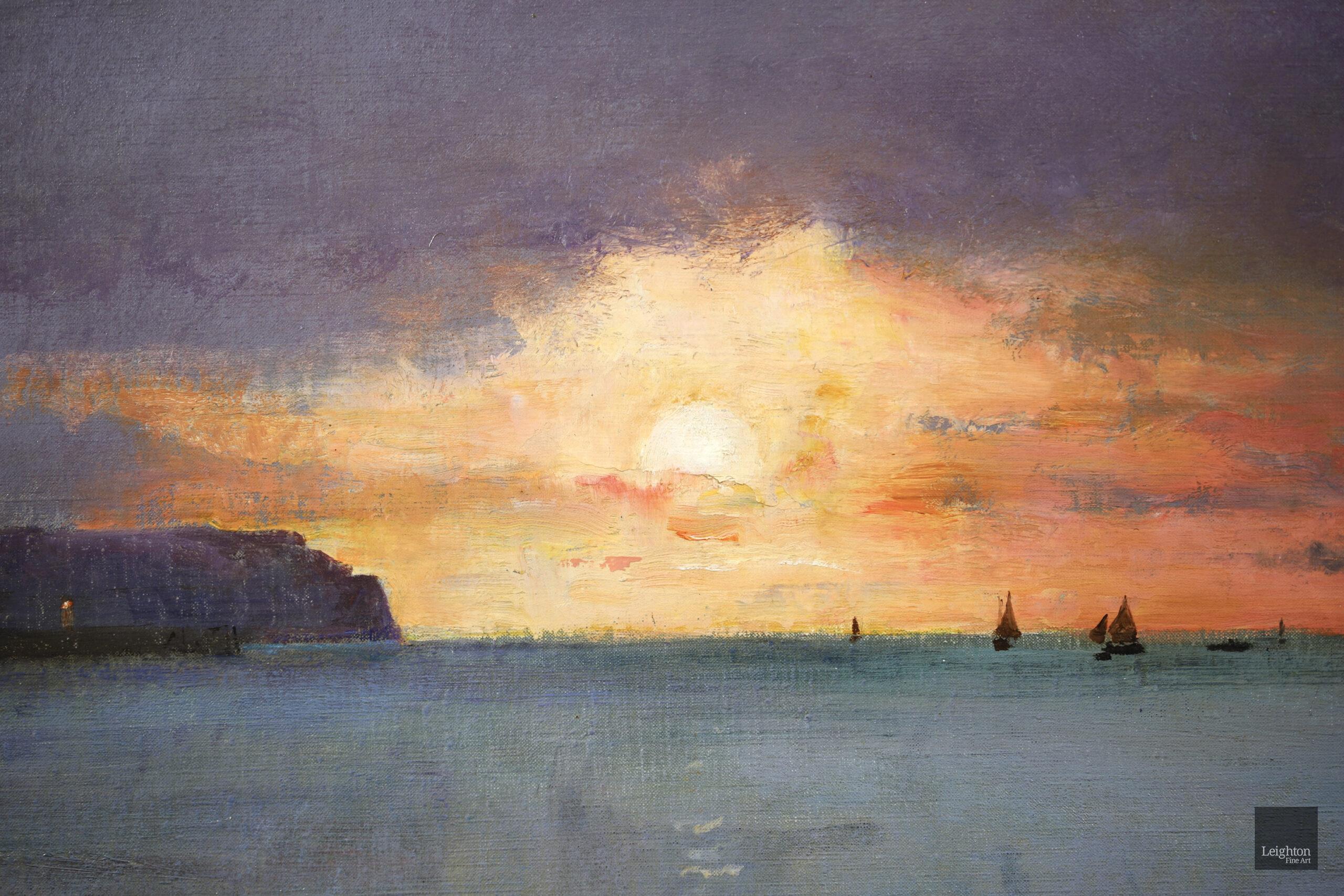 Coucher de Soleil - Dieppe - Realist Oil, Boats in Seascape by Alfred Stevens For Sale 3