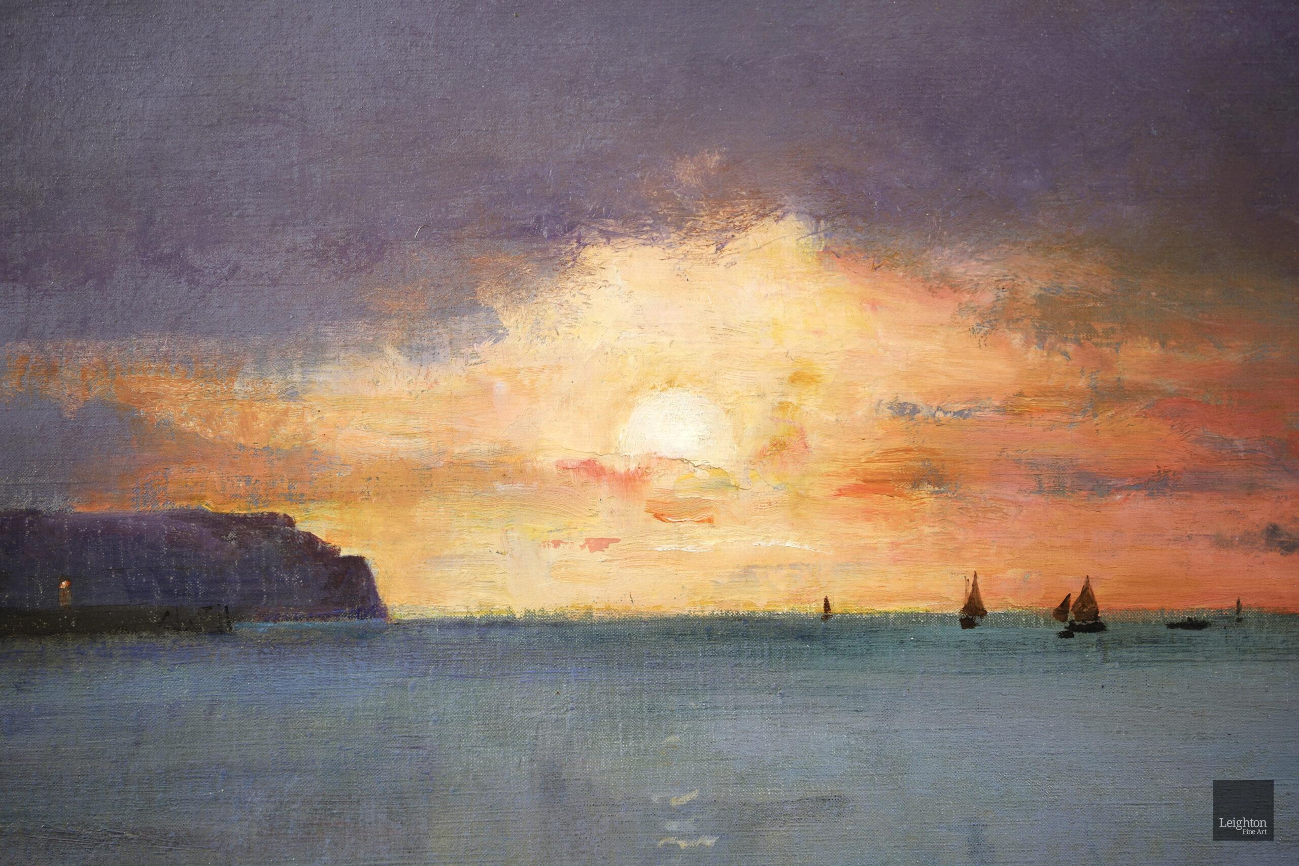 Coucher de Soleil - Dieppe - Huile réaliste, bateaux en mer par Alfred Stevens 3
