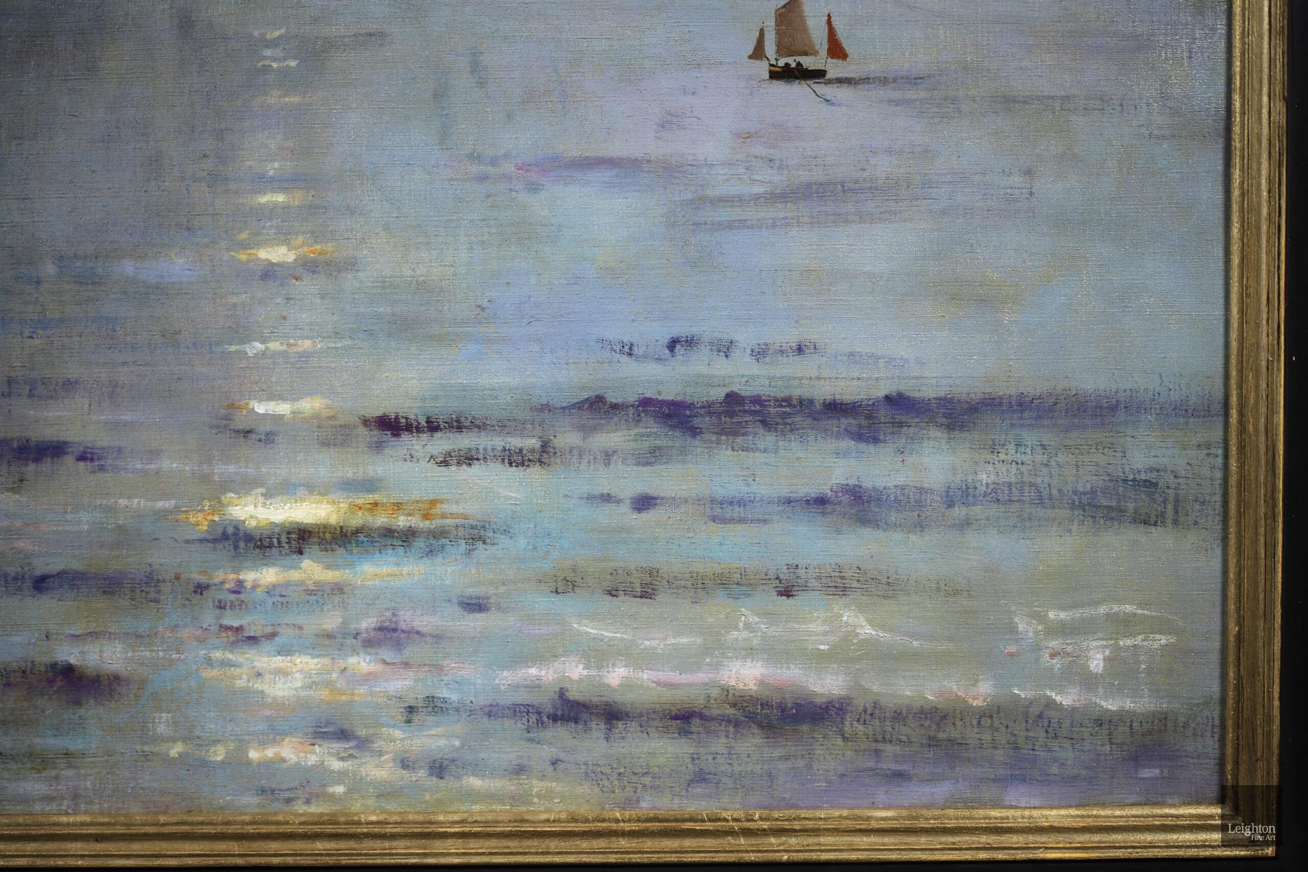 Coucher de Soleil - Dieppe - Huile réaliste, bateaux en mer par Alfred Stevens 4