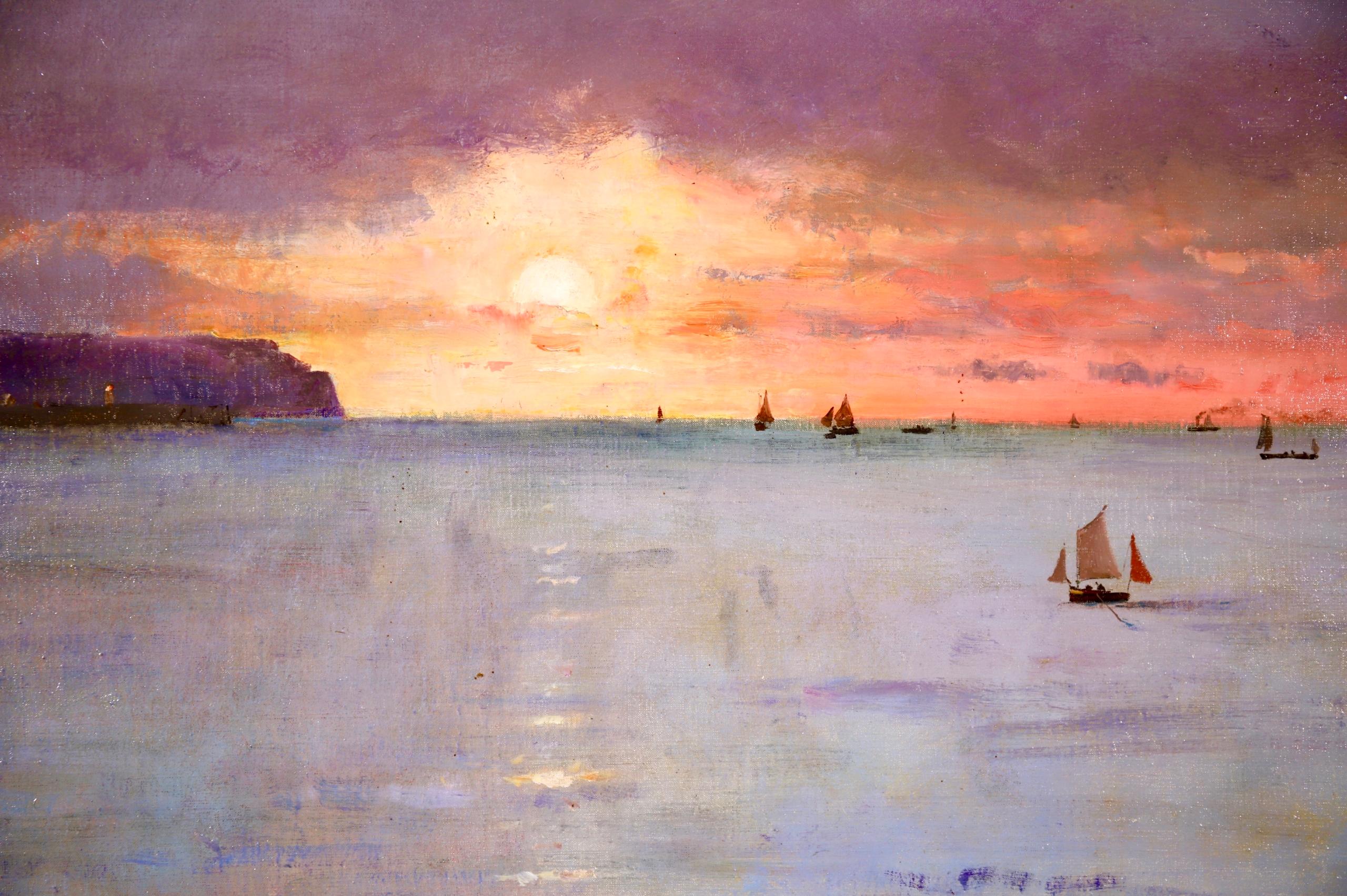 Coucher de Soleil - Dieppe - Realist Oil, Boats in Seascape by Alfred Stevens For Sale 5