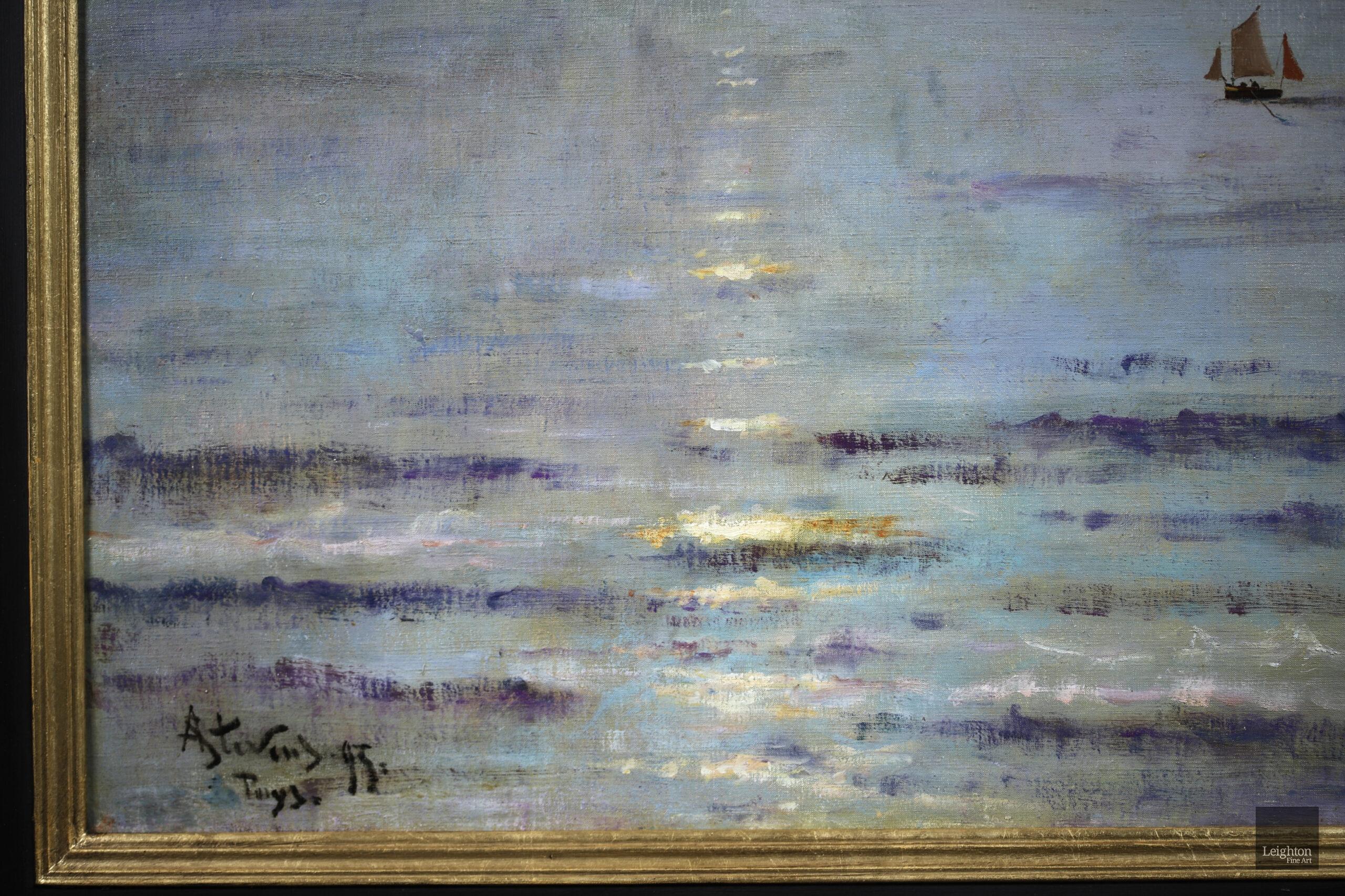 Coucher de Soleil - Dieppe - Huile réaliste, bateaux en mer par Alfred Stevens 5