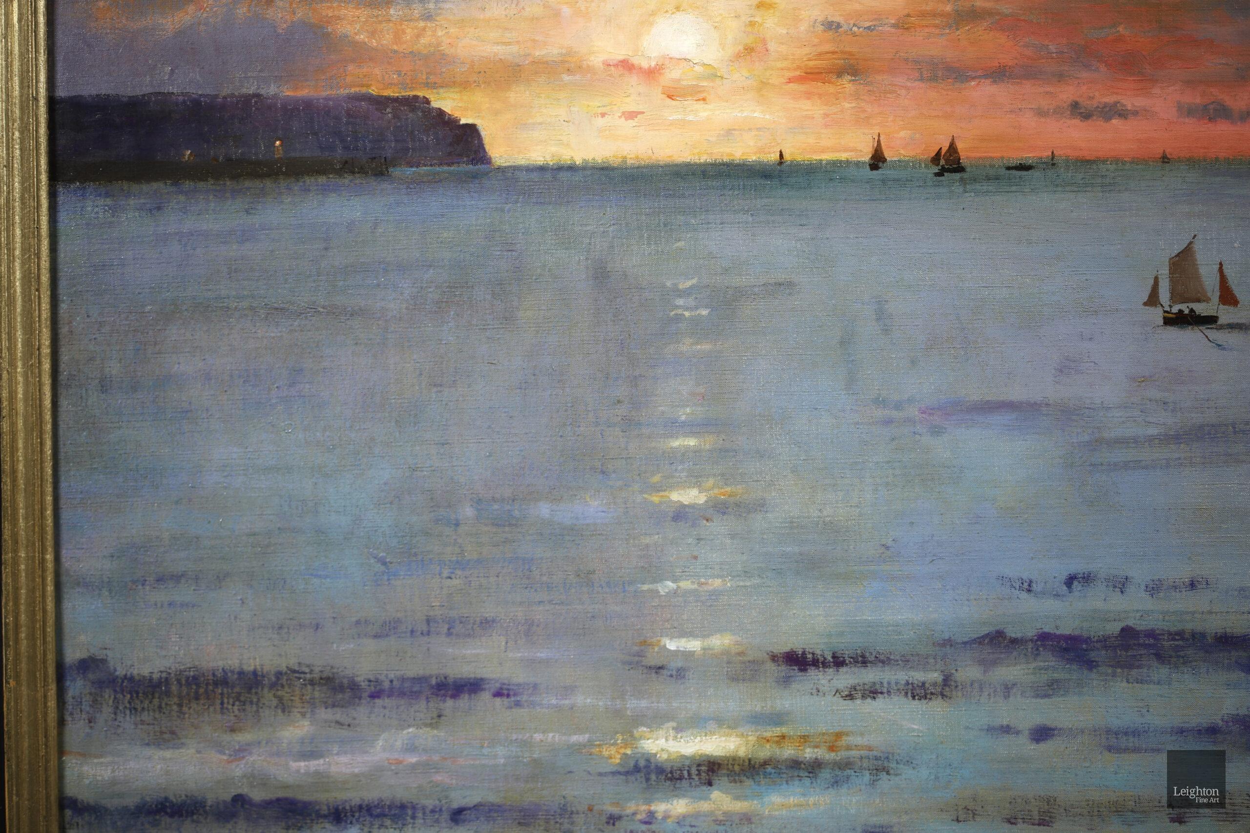 Coucher de Soleil - Dieppe - Huile réaliste, bateaux en mer par Alfred Stevens 6