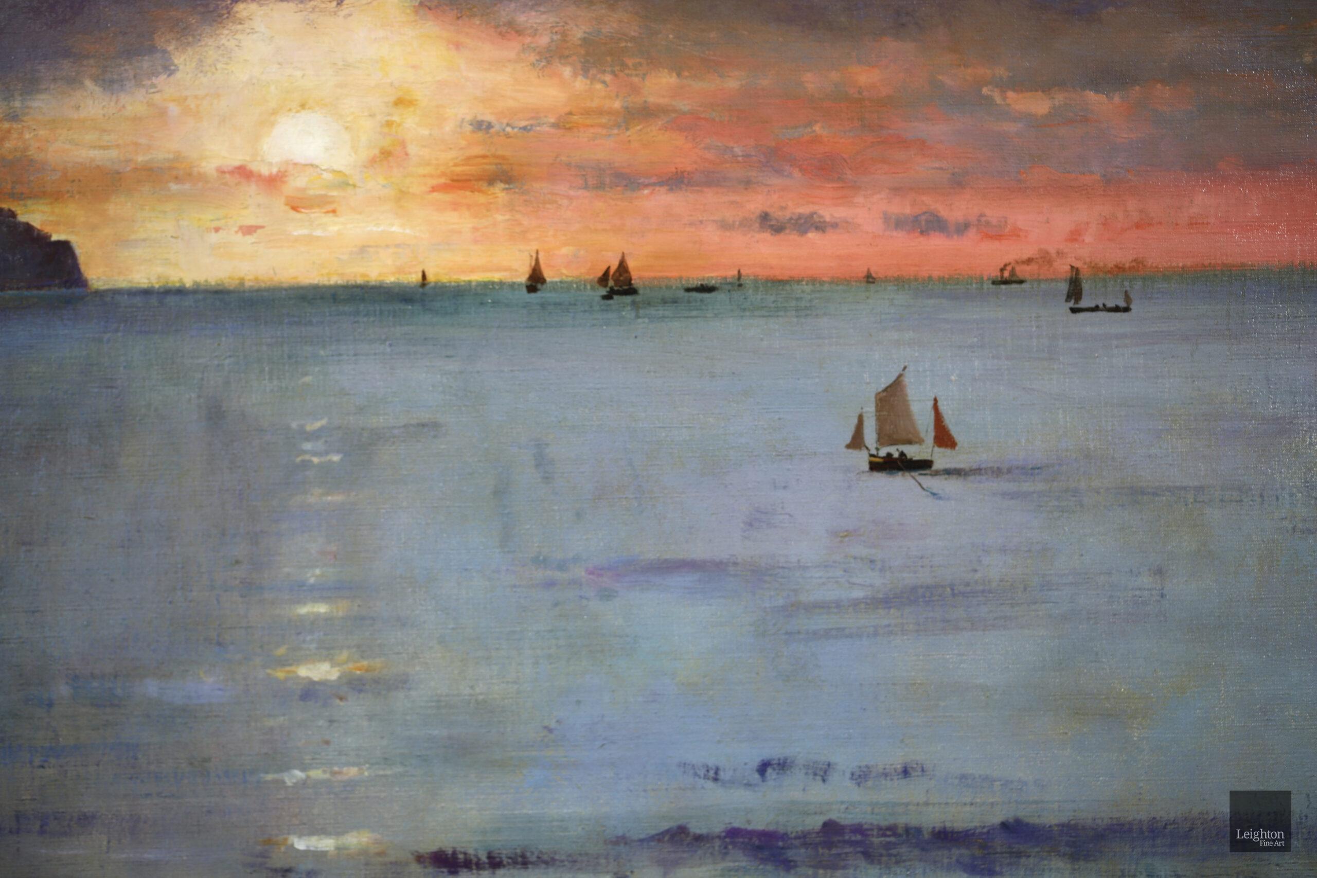 Coucher de Soleil - Dieppe - Realist Oil, Boats in Seascape by Alfred Stevens For Sale 7