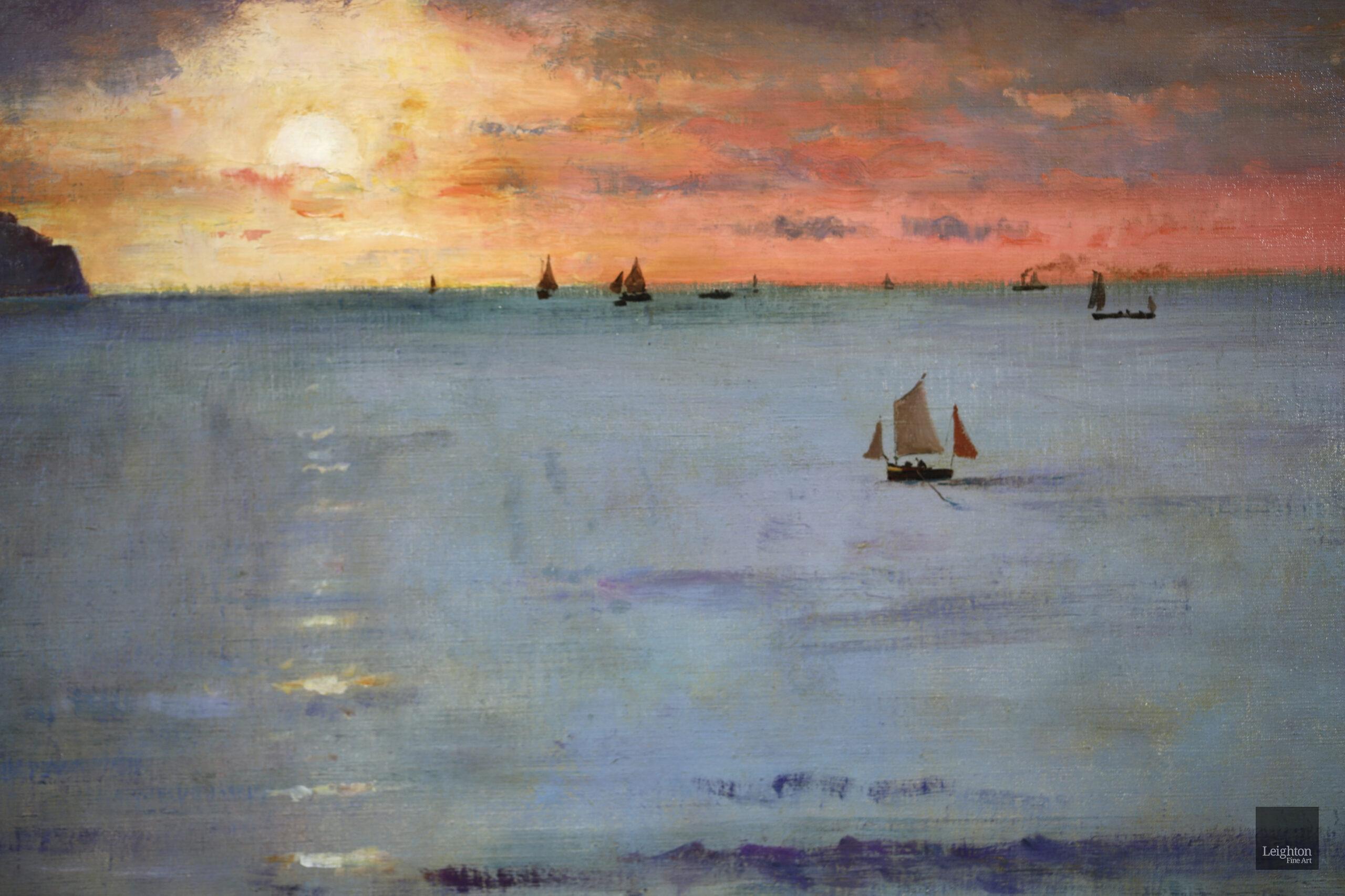 Coucher de Soleil - Dieppe - Huile réaliste, bateaux en mer par Alfred Stevens 7