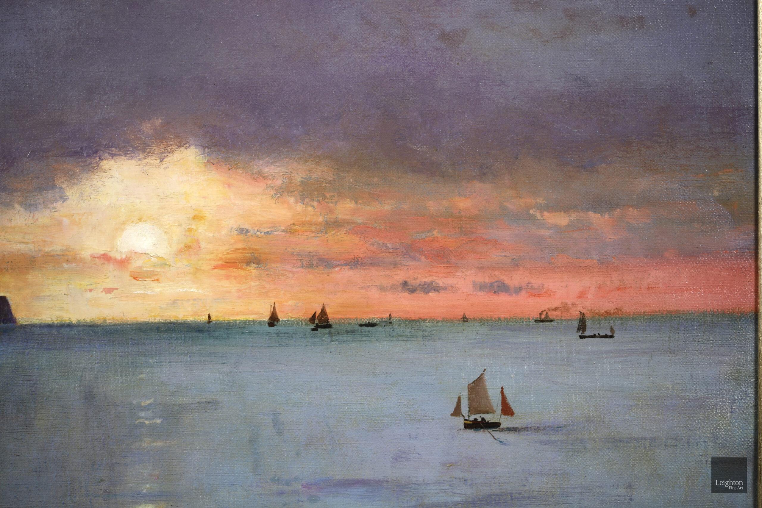 Coucher de Soleil - Dieppe - Huile réaliste, bateaux en mer par Alfred Stevens 8