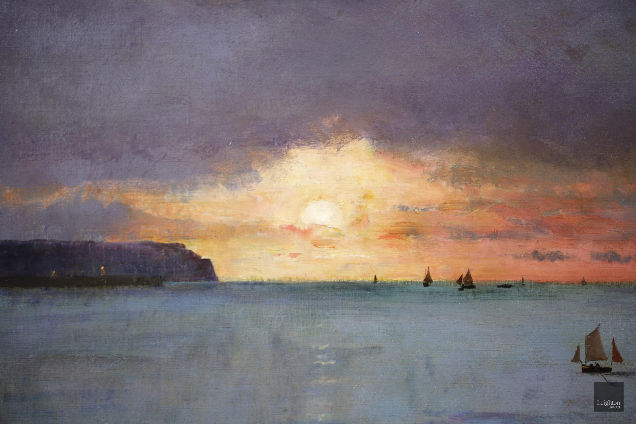 Coucher de Soleil - Dieppe - Huile réaliste, bateaux en mer par Alfred Stevens 9