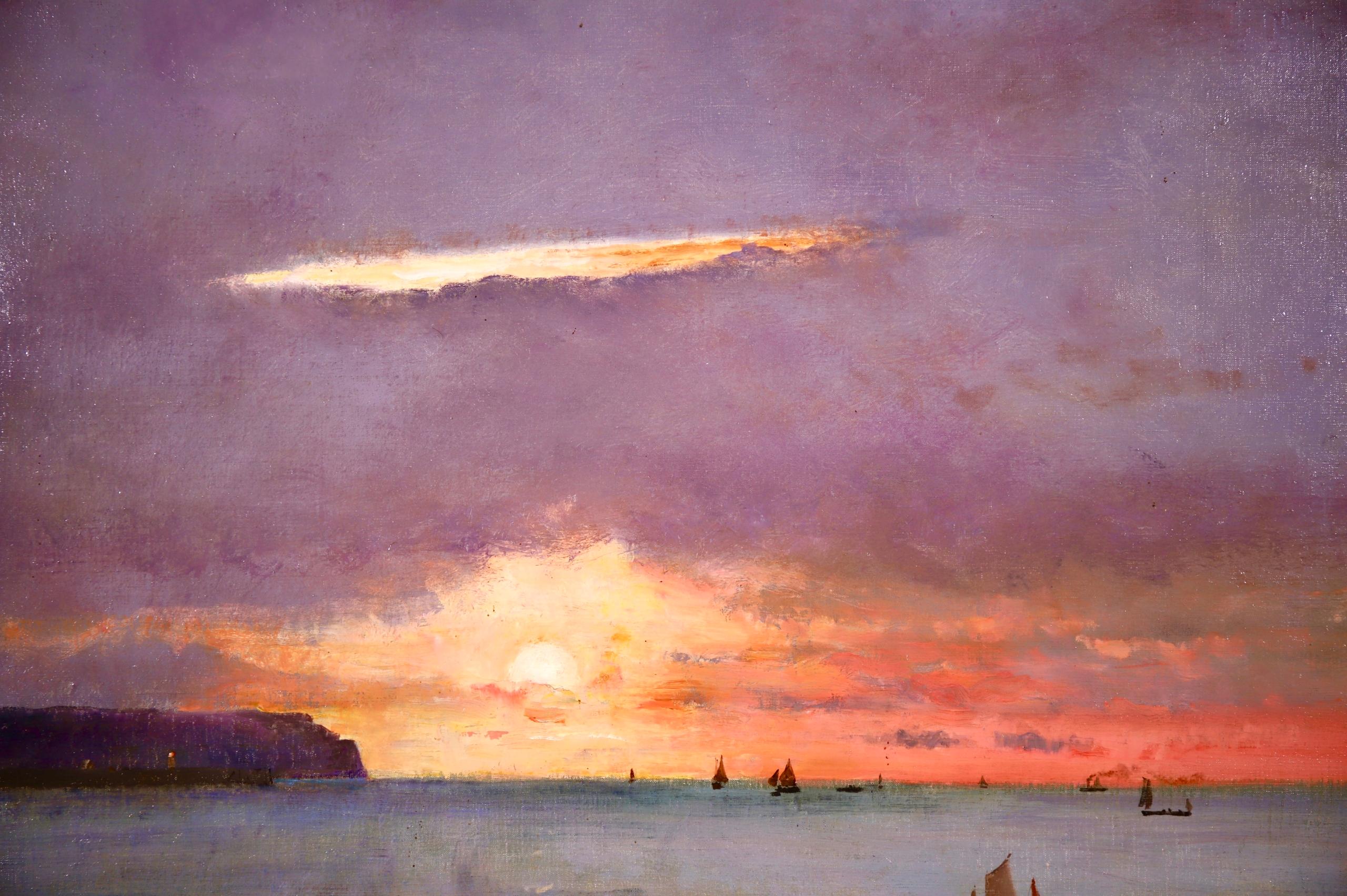 Coucher de Soleil - Dieppe - Realistisches Ölgemälde, Boote in Meereslandschaft von Alfred Stevens (Braun), Figurative Painting, von Alfred Émile Léopold Stevens