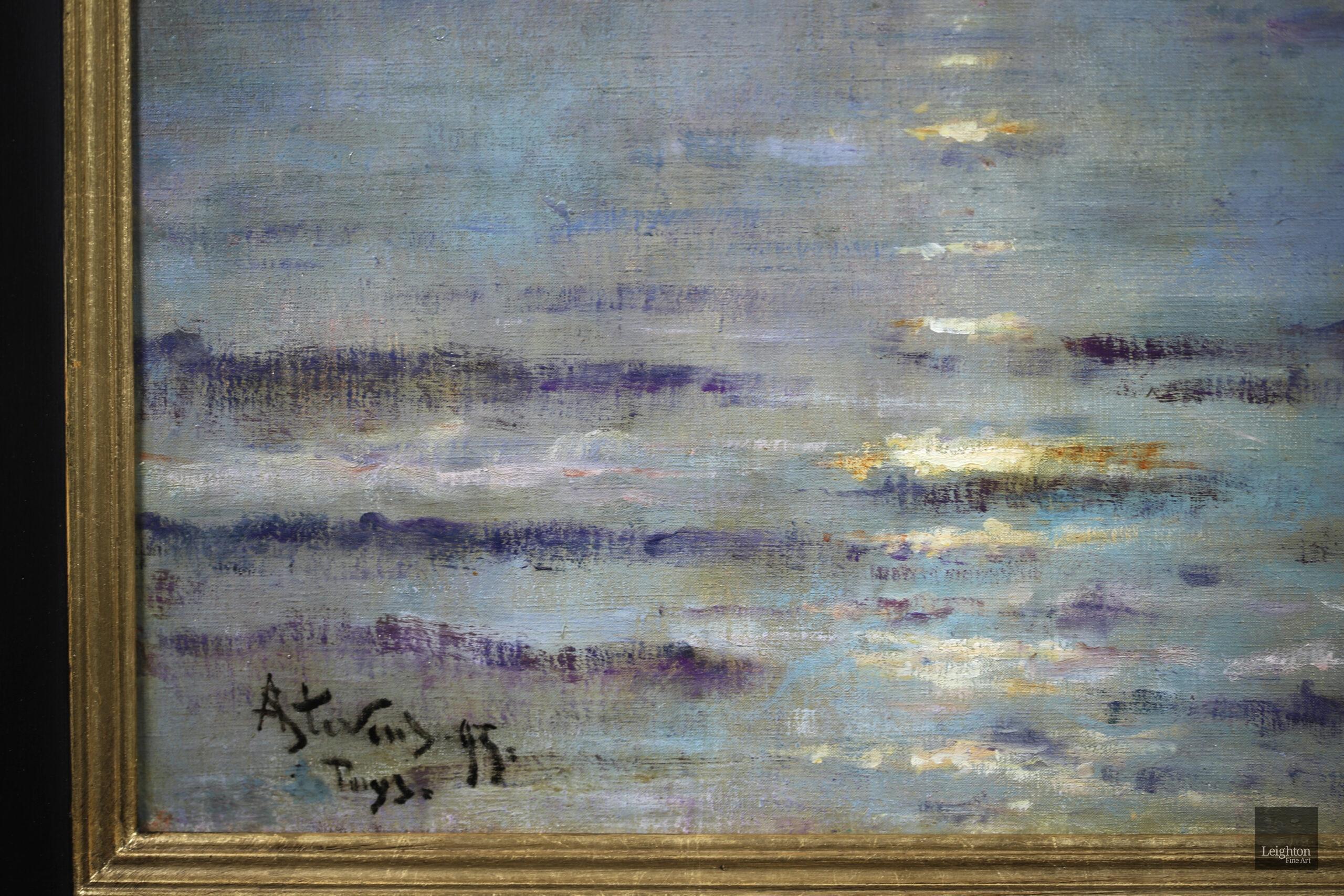 Coucher de Soleil - Dieppe - Huile réaliste, bateaux en mer par Alfred Stevens - Réalisme Painting par Alfred Émile Léopold Stevens