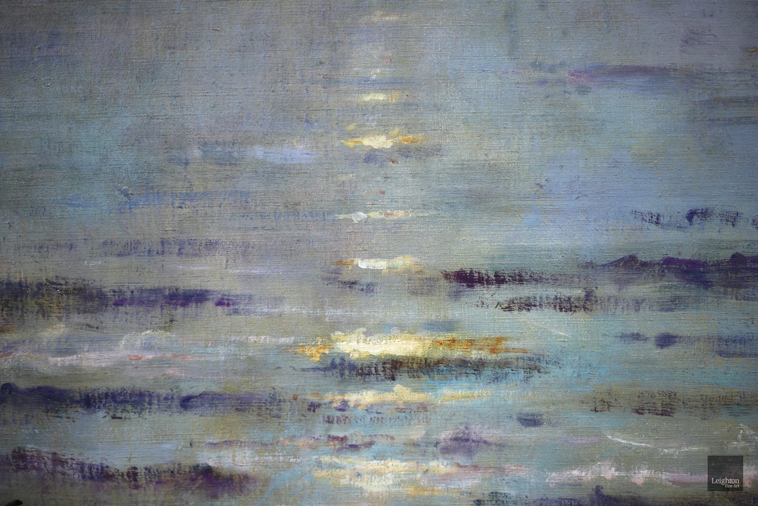 Coucher de Soleil - Dieppe - Huile réaliste, bateaux en mer par Alfred Stevens - Marron Figurative Painting par Alfred Émile Léopold Stevens