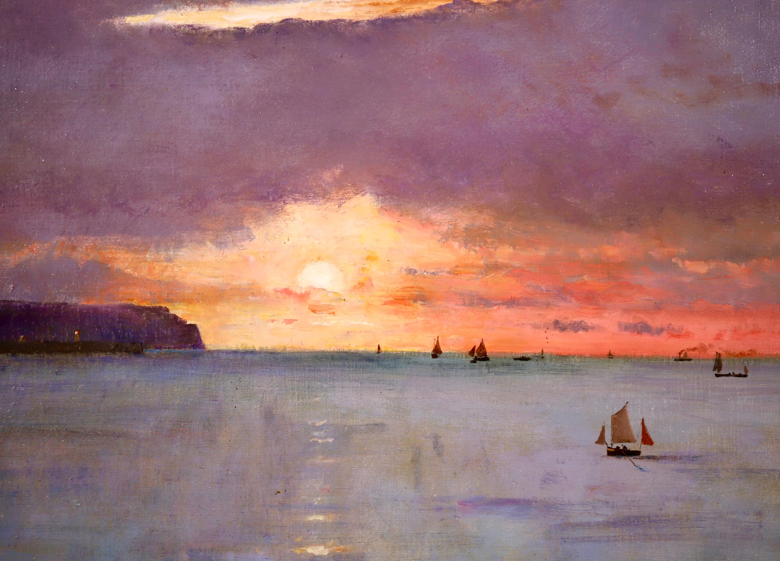 Signed and dated seascape oil on canvas by Belgian Realist painter Alfred Emile Leopold Stevens. The work depicts a sail boats off the coast of Dieppe at Plage de Puys. The painting shows the sunsetting on the horizon creating beautiful yellow and