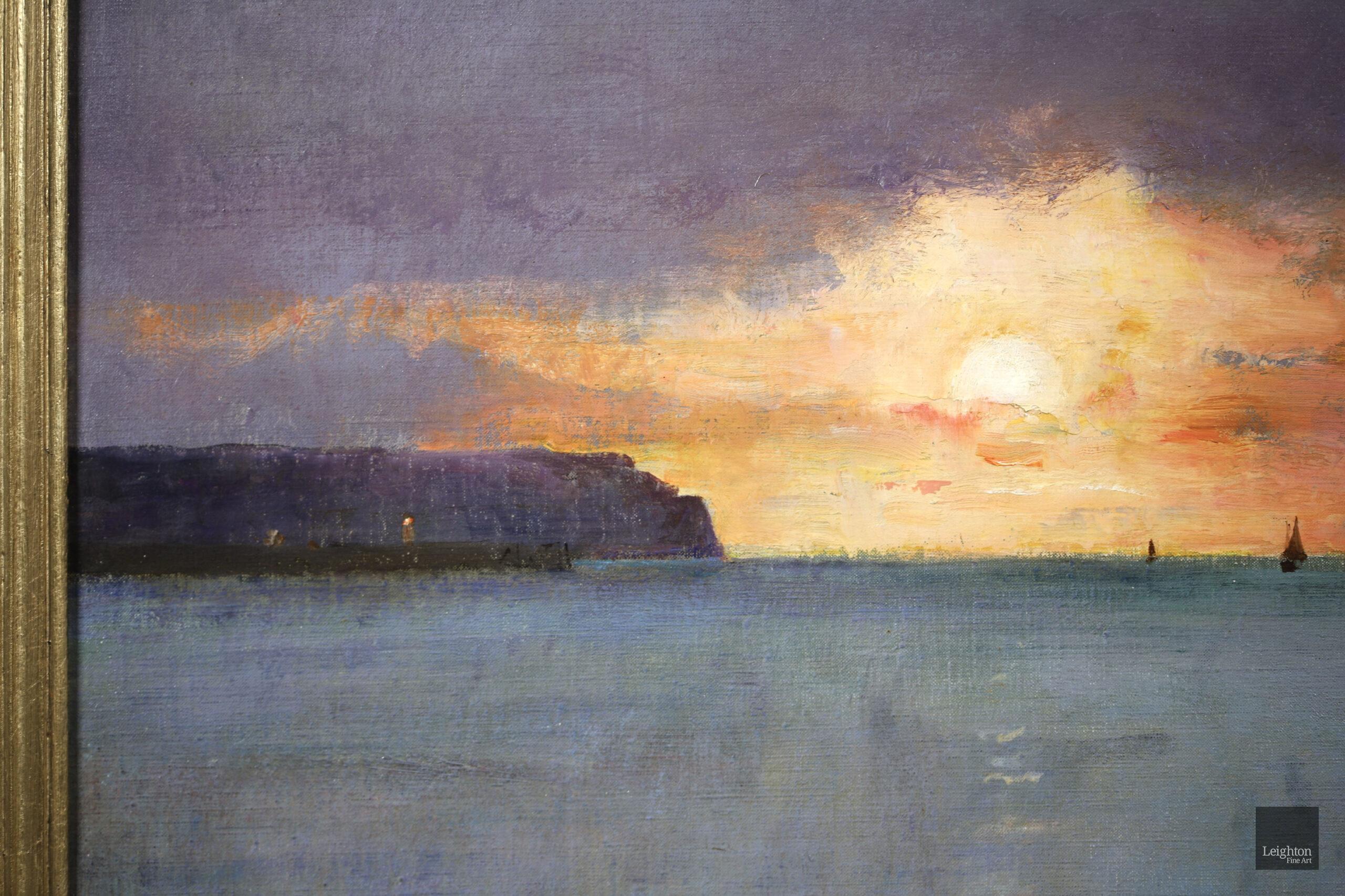 Huile sur toile signée et datée du peintre réaliste belge Alfred Emile Leopold Stevens. L'œuvre représente un voilier au large de Dieppe, à la Plage de Puys. La peinture montre le coucher de soleil à l'horizon, créant de magnifiques lumières jaunes