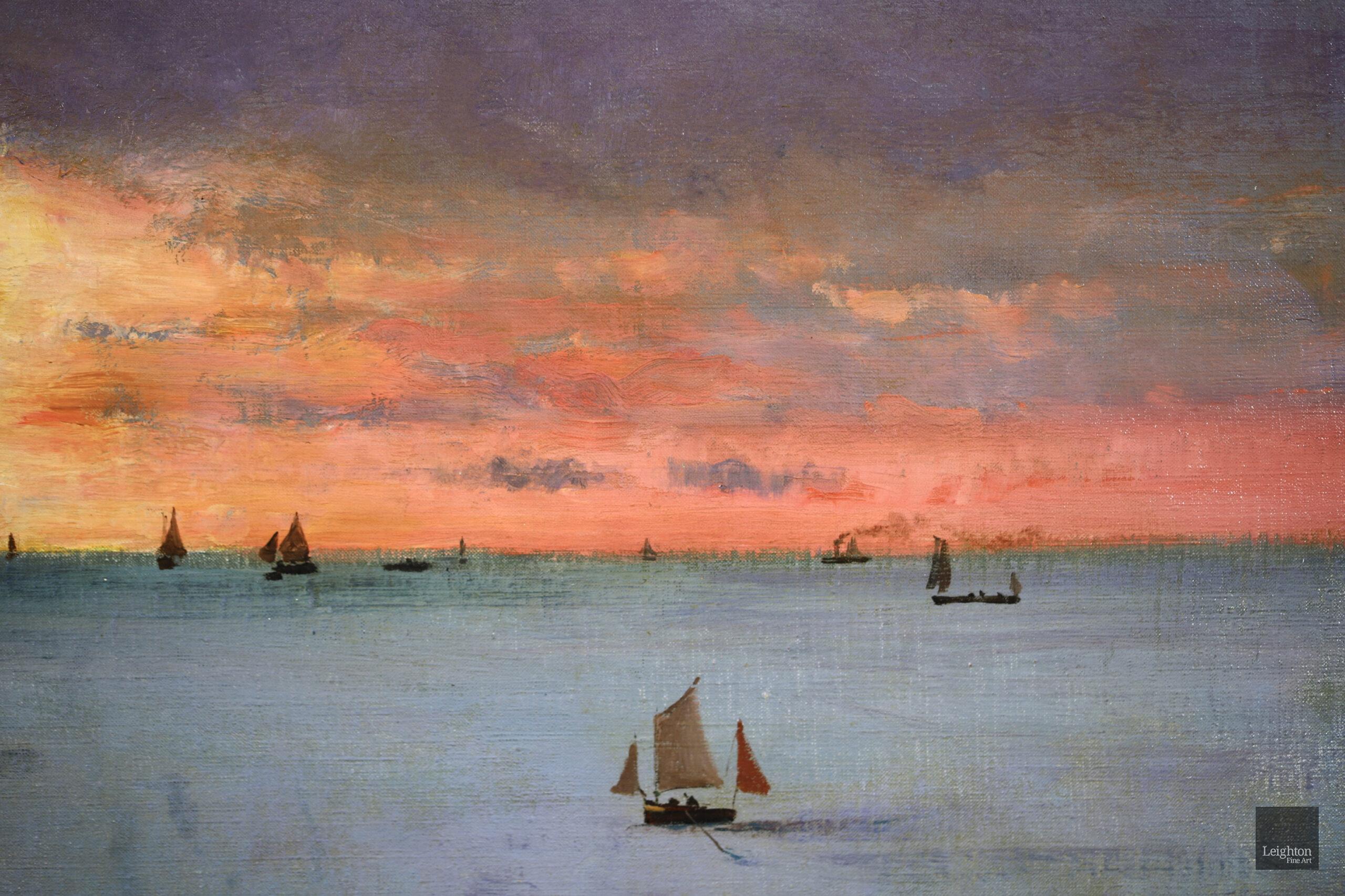 Coucher de Soleil - Dieppe - Huile réaliste, bateaux en mer par Alfred Stevens 1