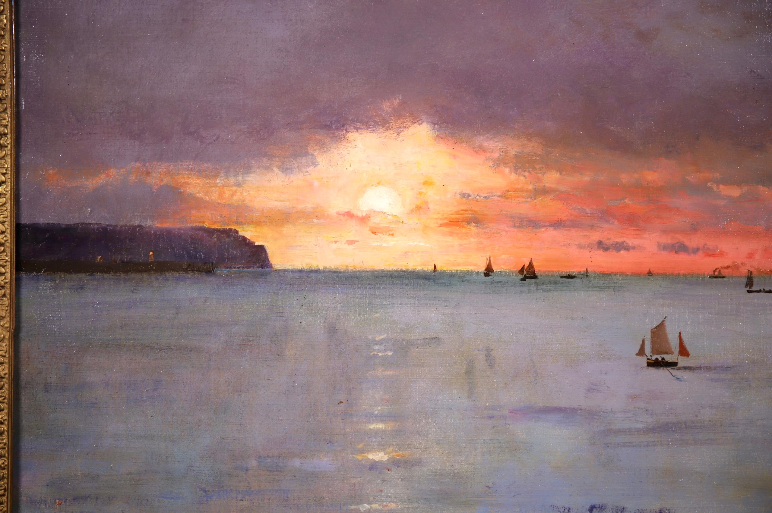 Coucher de Soleil - Dieppe - Realist Oil, Boats in Seascape by Alfred Stevens For Sale 2