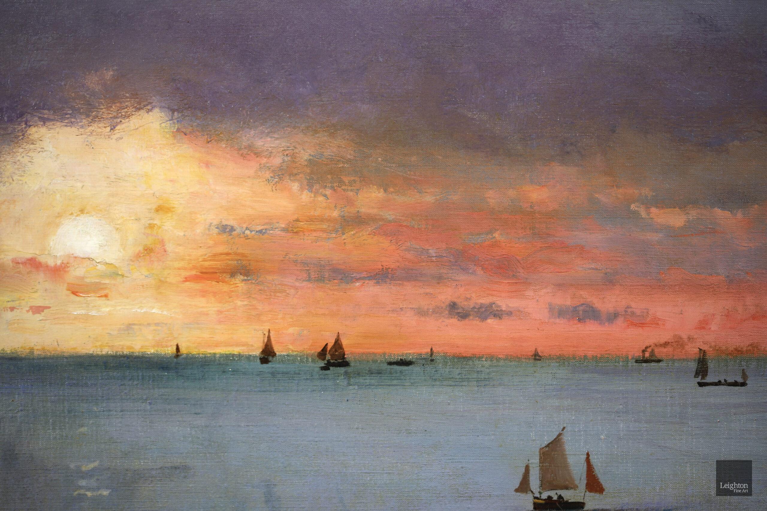 Coucher de Soleil - Dieppe - Huile réaliste, bateaux en mer par Alfred Stevens 2