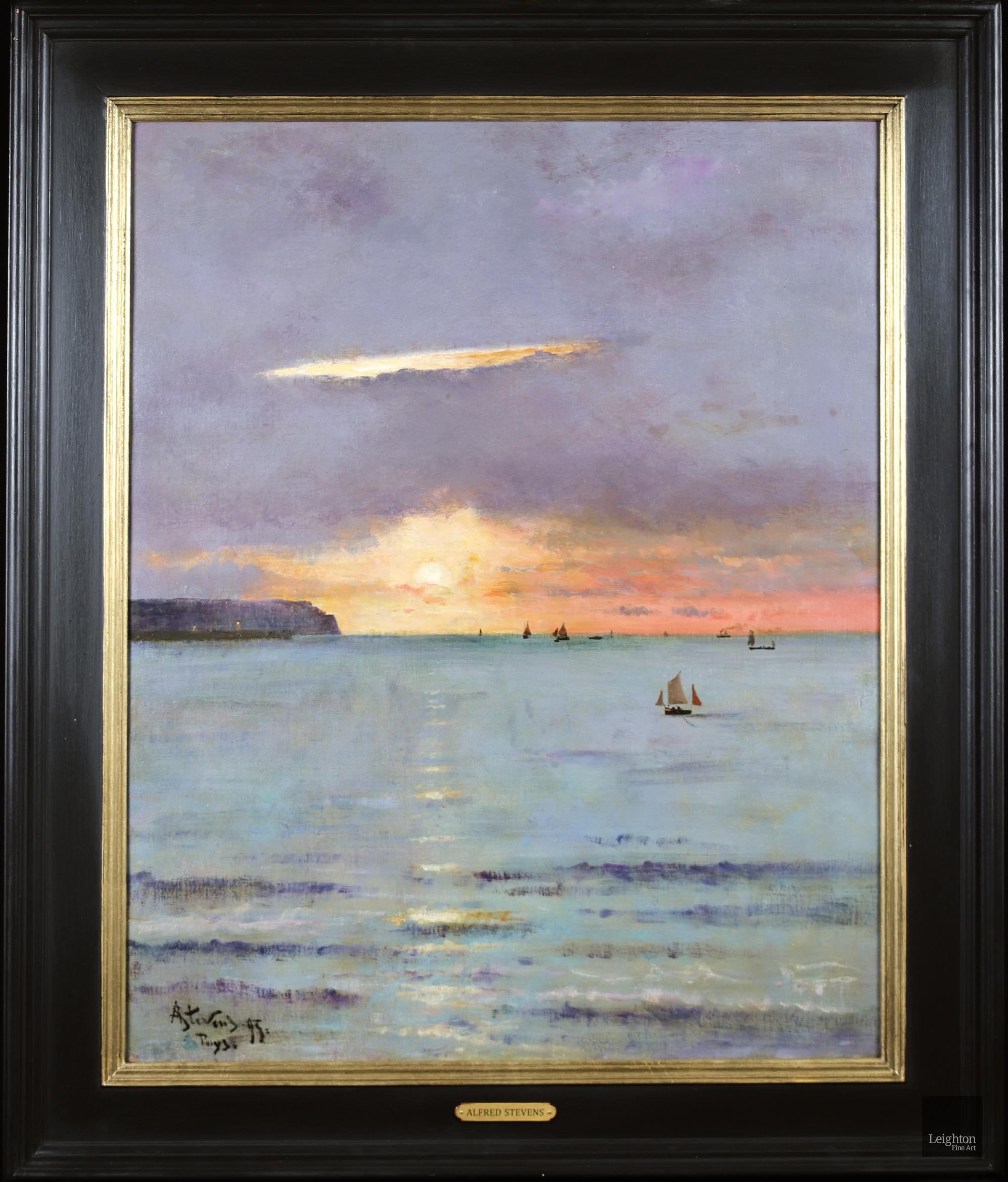 Alfred Émile Léopold Stevens Figurative Painting - Coucher de Soleil - Dieppe - Realist Oil, Boats in Seascape by Alfred Stevens