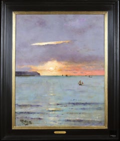 Coucher de Soleil - Dieppe - Realistisches Ölgemälde, Boote in Meereslandschaft von Alfred Stevens