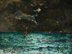 Effet de lune au bord de la Mer - 19th Century Oil, Night Seascape by A Stevens